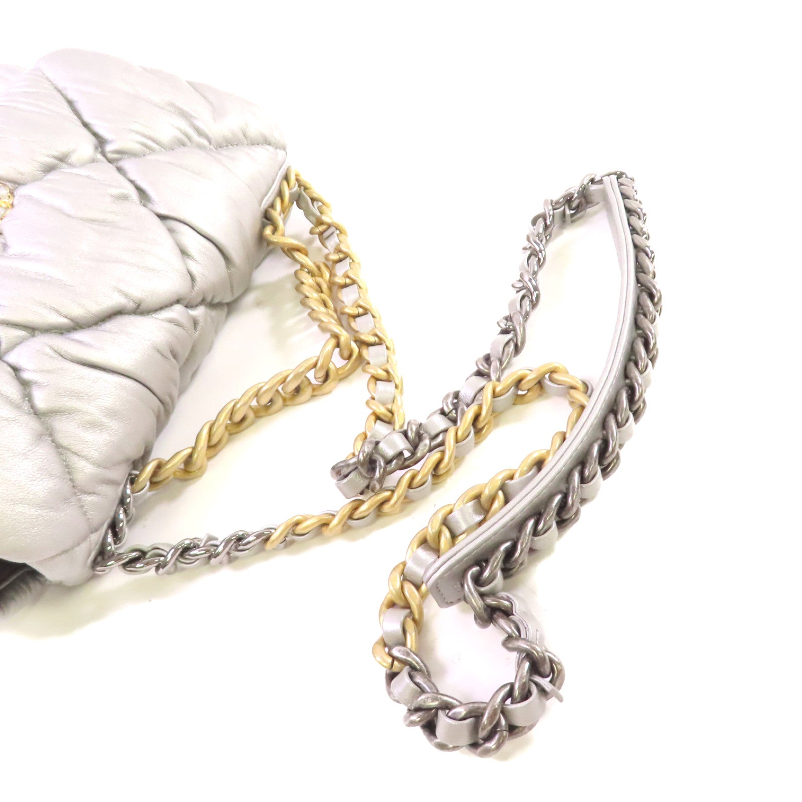 CHANEL 菱格牛皮皮革Chanel 19 2Way Shoulder Bag金扣手挽肩背兩用袋銀色