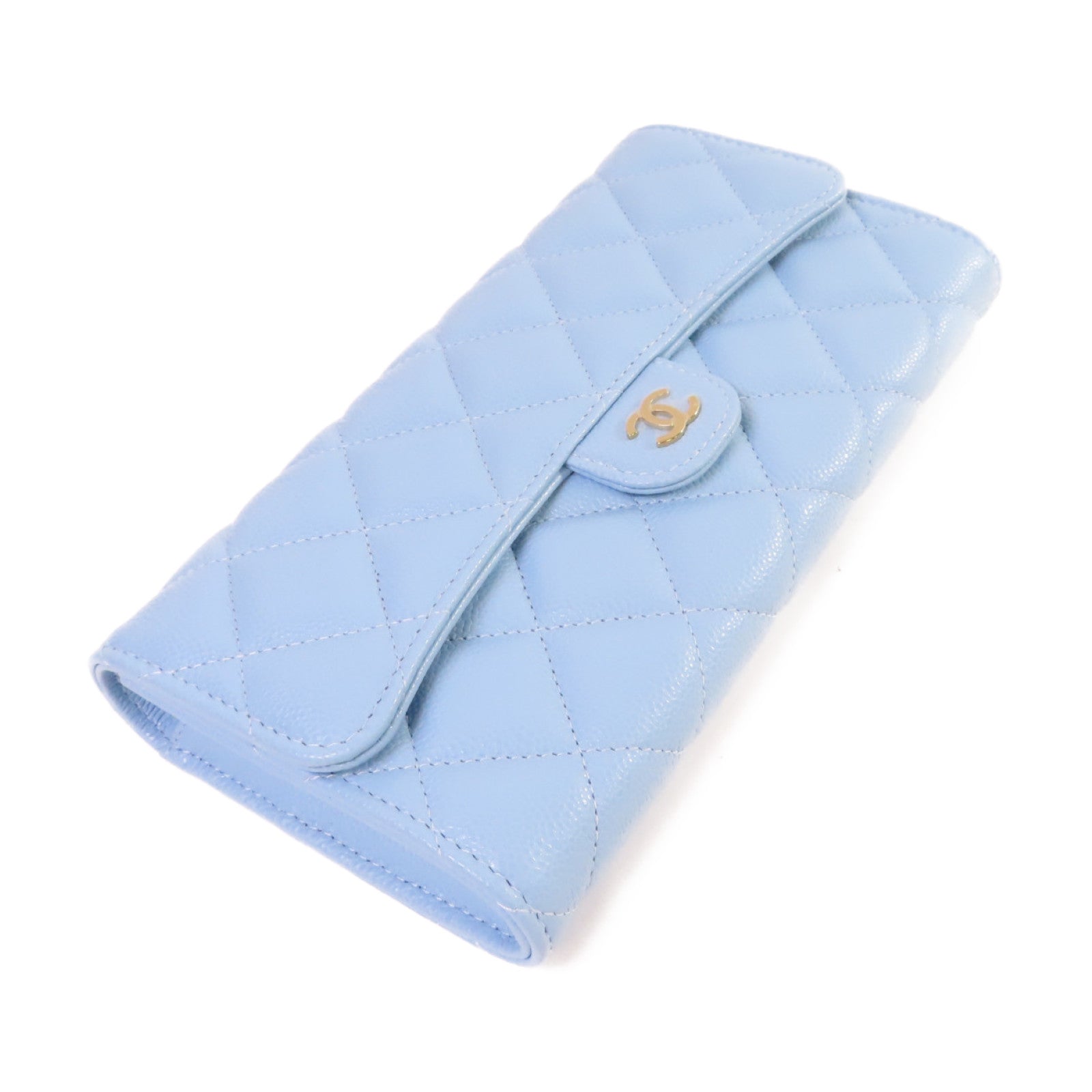 CHANEL 菱格Caviar皮革Classic Long Flap Wallet金扣長錢包淺藍色