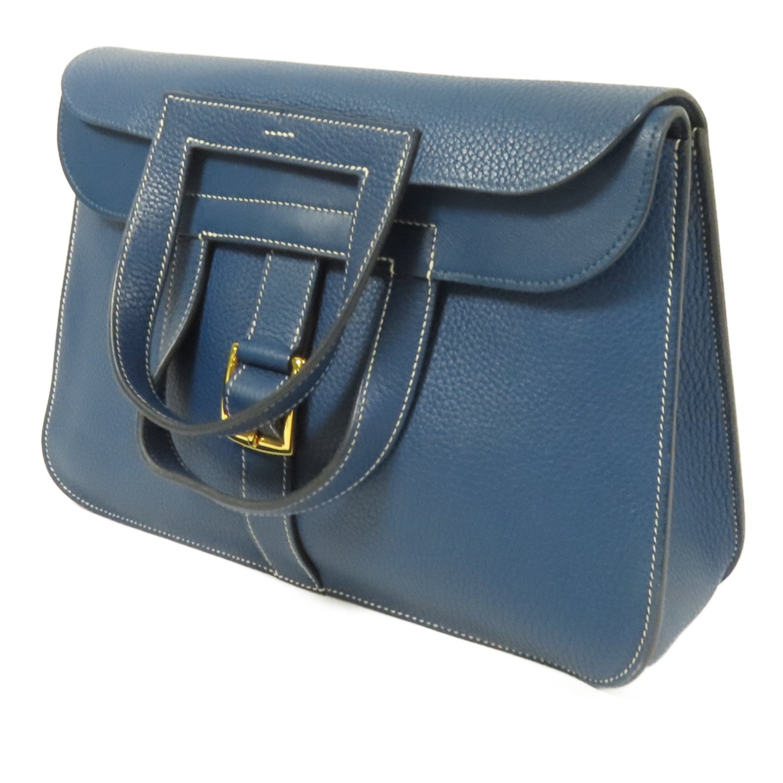 HERMES Clemence皮革Halzan 31金扣手挽肩背兩用袋Bleu Brighton