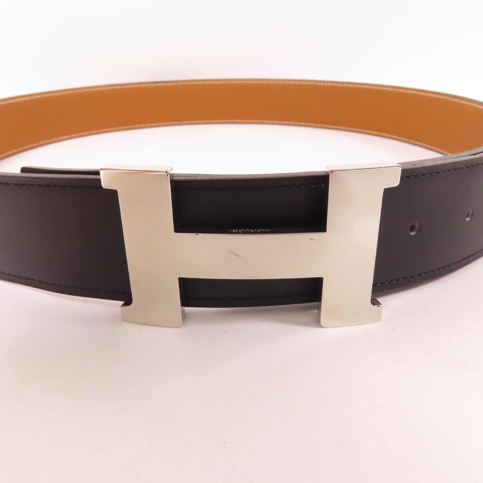 HERMES Clemence皮革H Belt 100cm銀扣皮帶Noir Gold