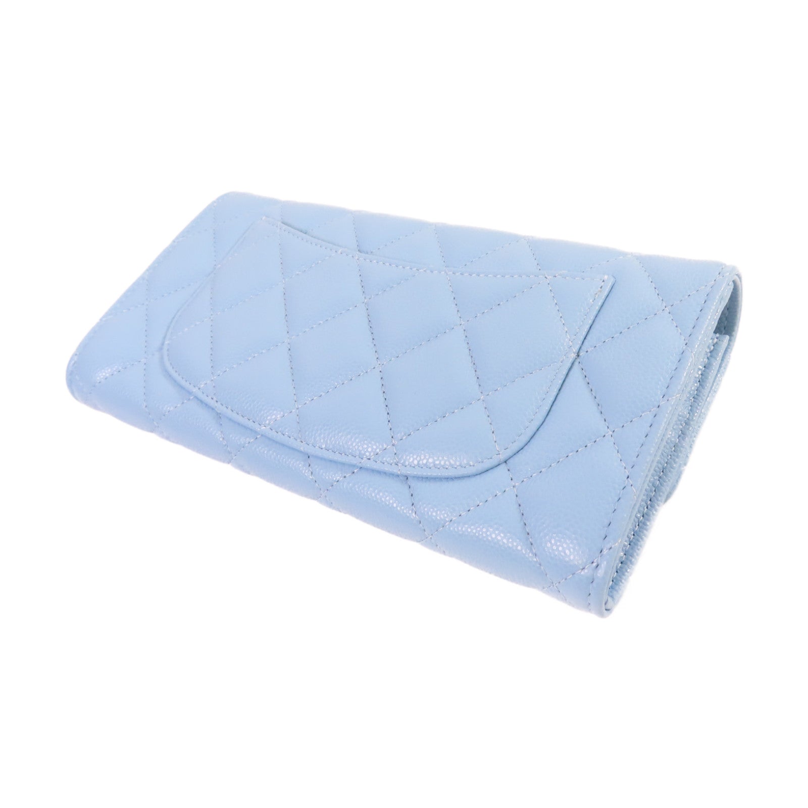 CHANEL 菱格Caviar皮革Classic Long Flap Wallet金扣長錢包淺藍色