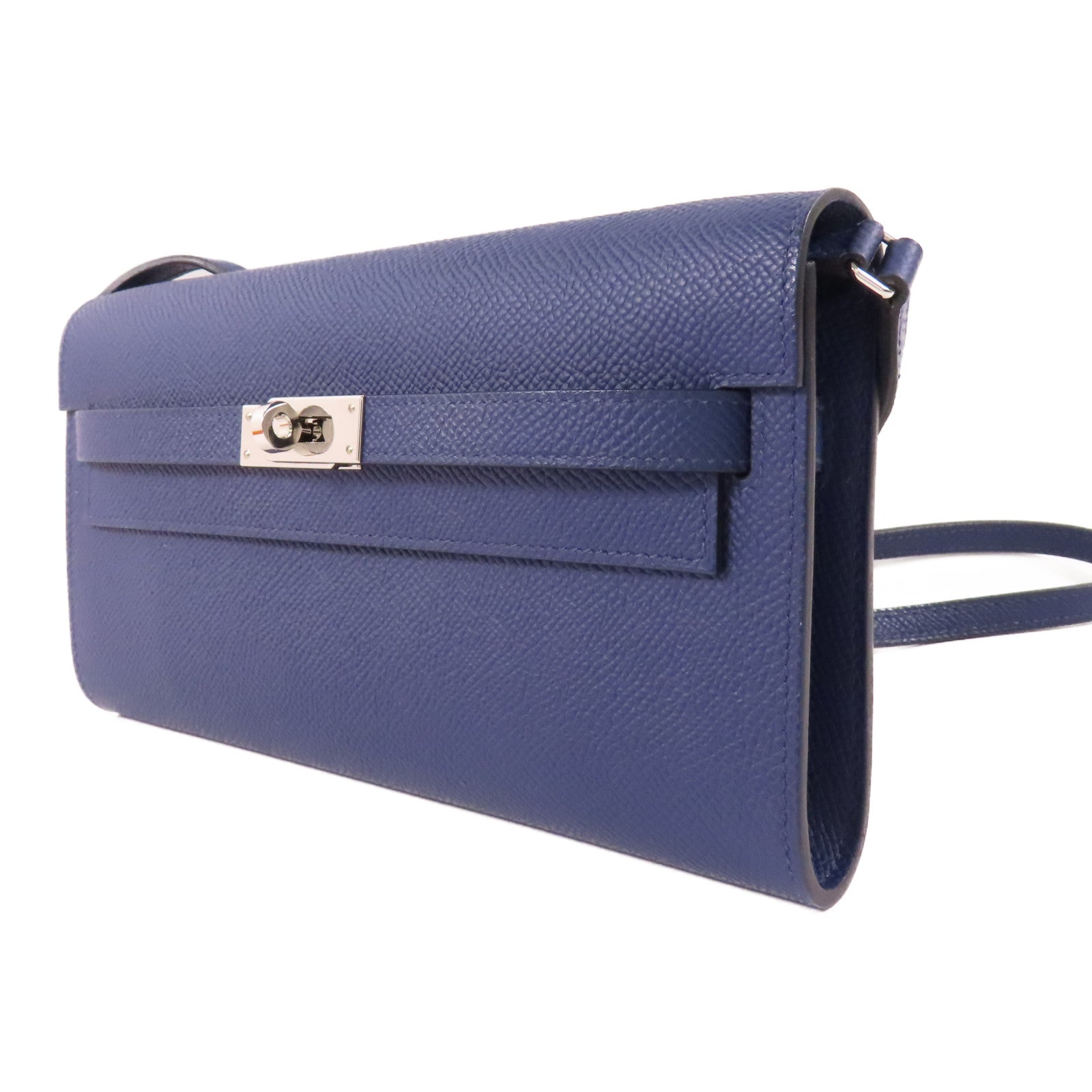 HERMES Epsom皮革Kelly To Go銀扣肩背袋Bleu Saphir