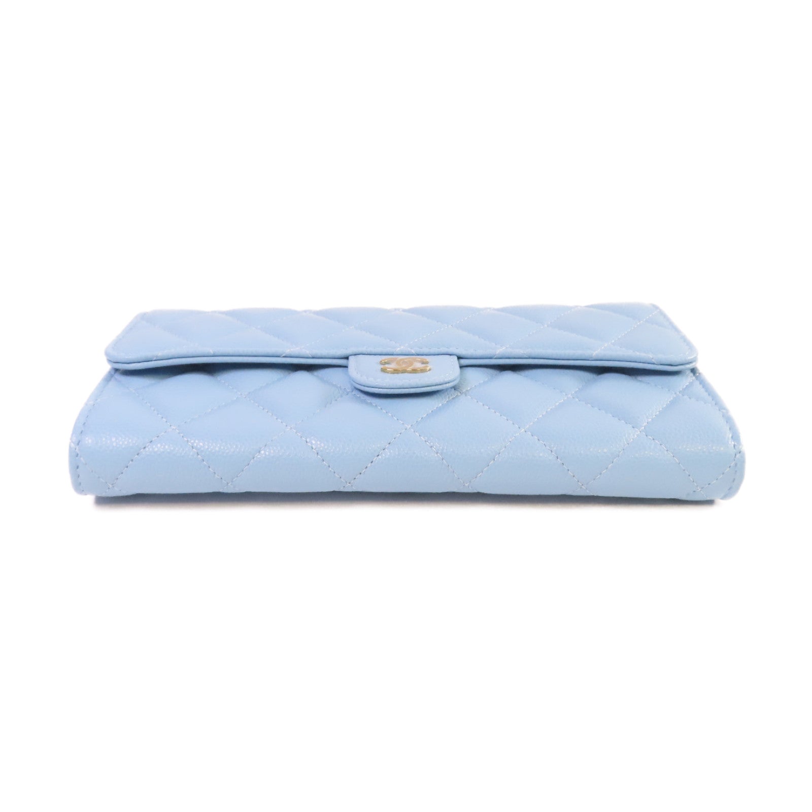 CHANEL 菱格Caviar皮革Classic Long Flap Wallet金扣長錢包淺藍色