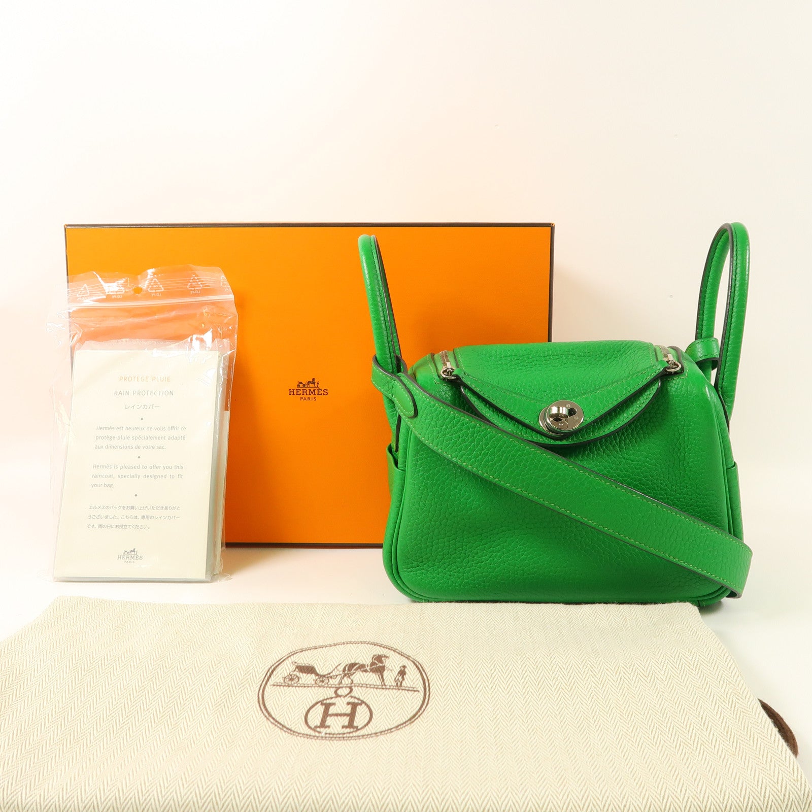 HERMES Clemence皮革Mini Lindy銀扣手挽肩背兩用袋Bambou