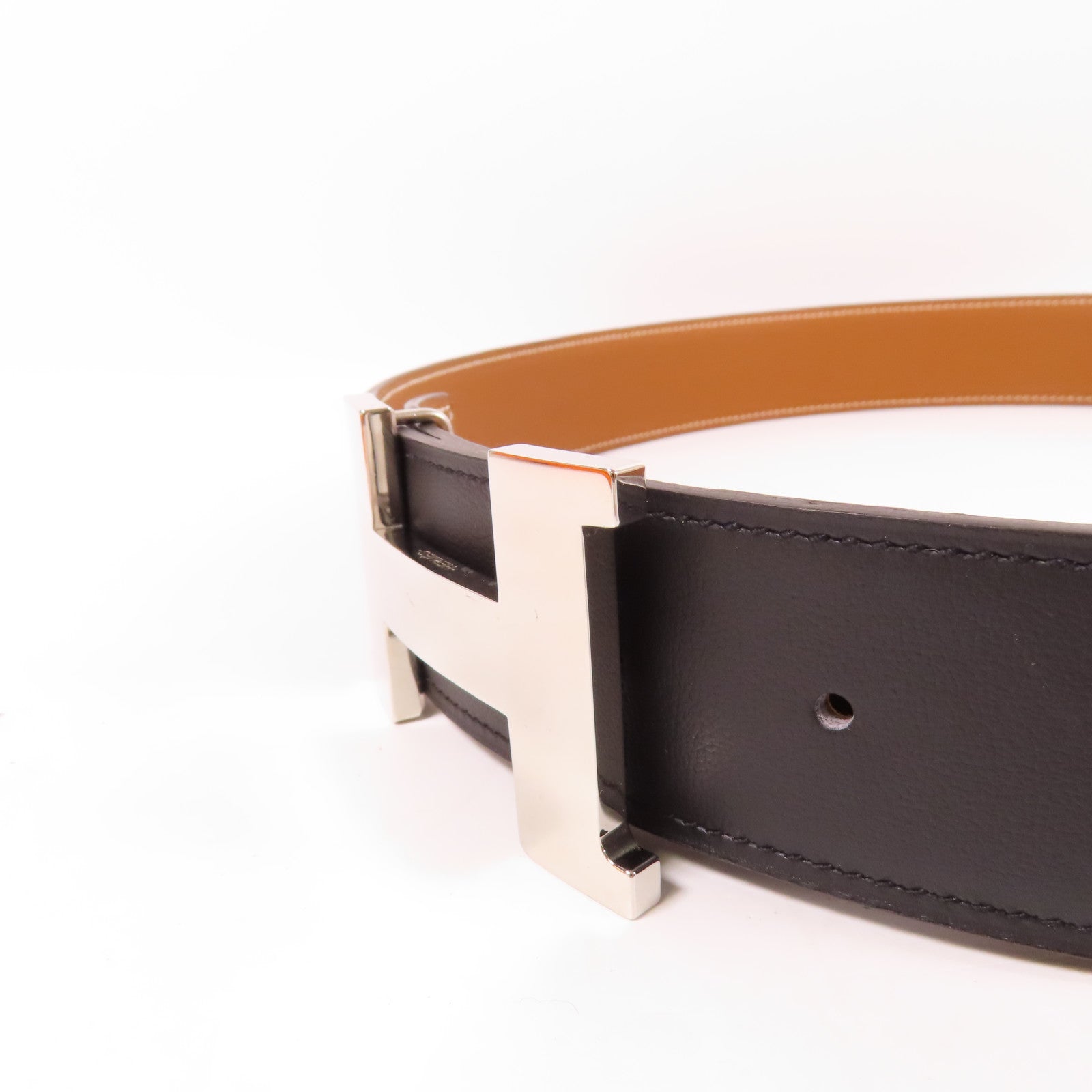 HERMES Clemence皮革H Belt 100cm銀扣皮帶Noir Gold