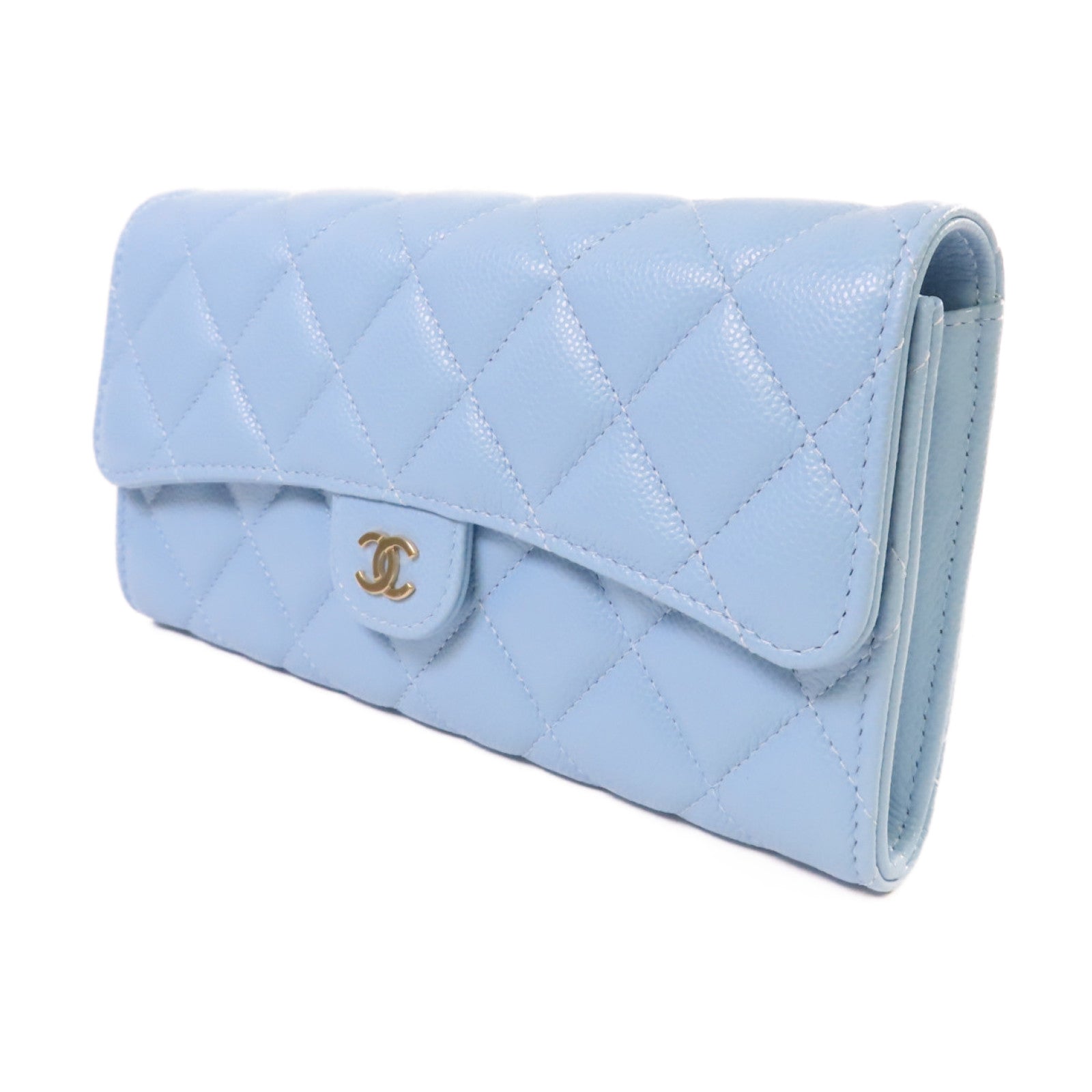 CHANEL 菱格Caviar皮革Classic Long Flap Wallet金扣長錢包淺藍色