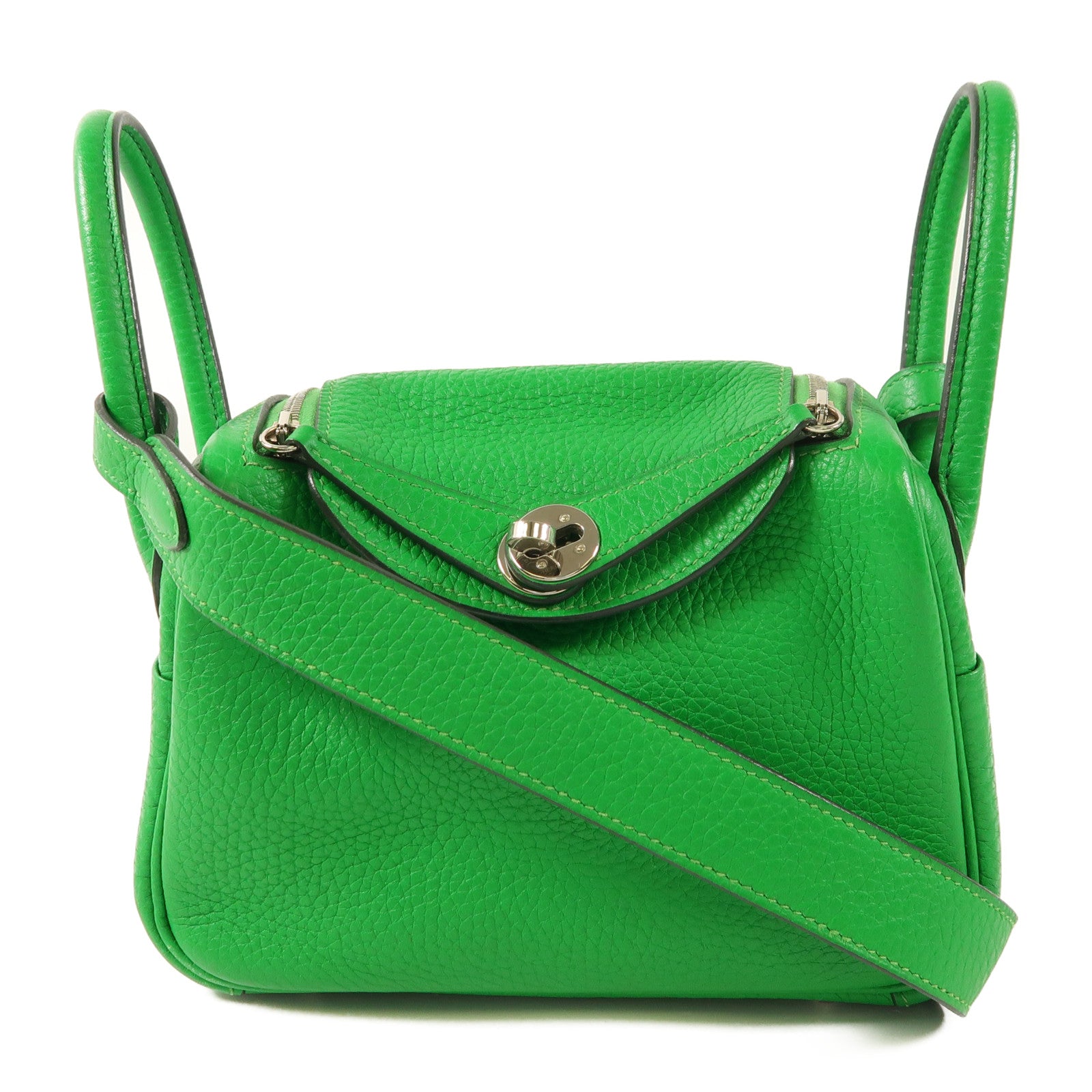 HERMES Clemence皮革Mini Lindy銀扣手挽肩背兩用袋Bambou