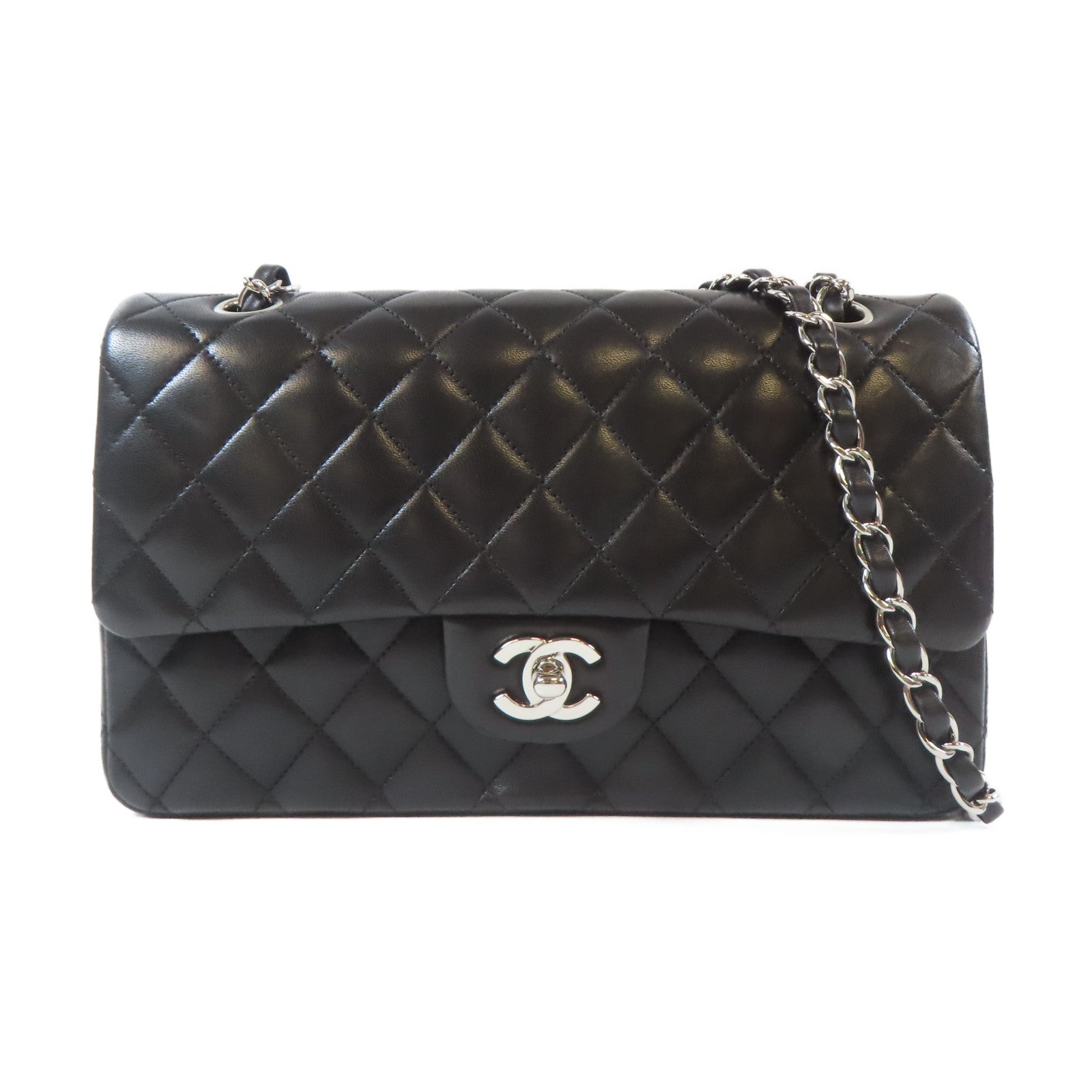 CHANEL 【激減優惠】菱格羊皮皮革Classic Flap 25cm銀扣鏈帶肩背袋黑色