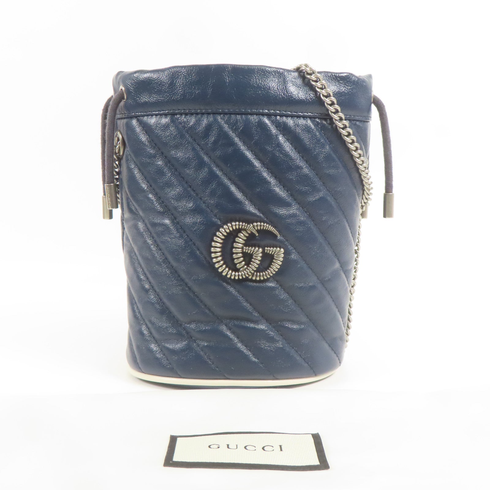 GUCCI 牛皮皮革GG Marmont Bucket銀扣鏈帶肩背袋