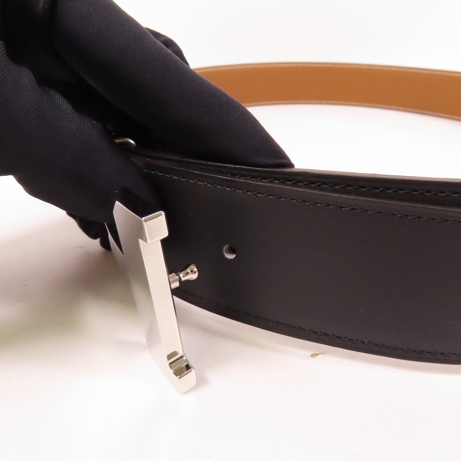 HERMES Clemence皮革H Belt 100cm銀扣皮帶Noir Gold