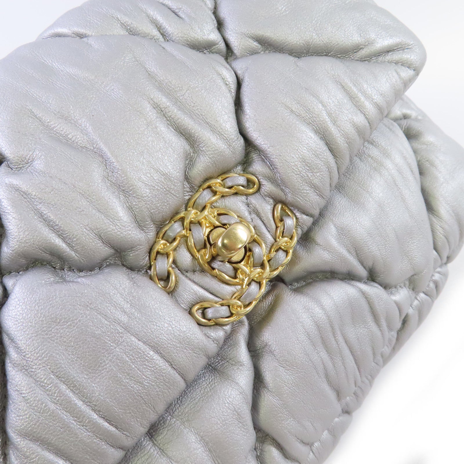CHANEL 菱格牛皮皮革Chanel 19 2Way Shoulder Bag金扣手挽肩背兩用袋銀色