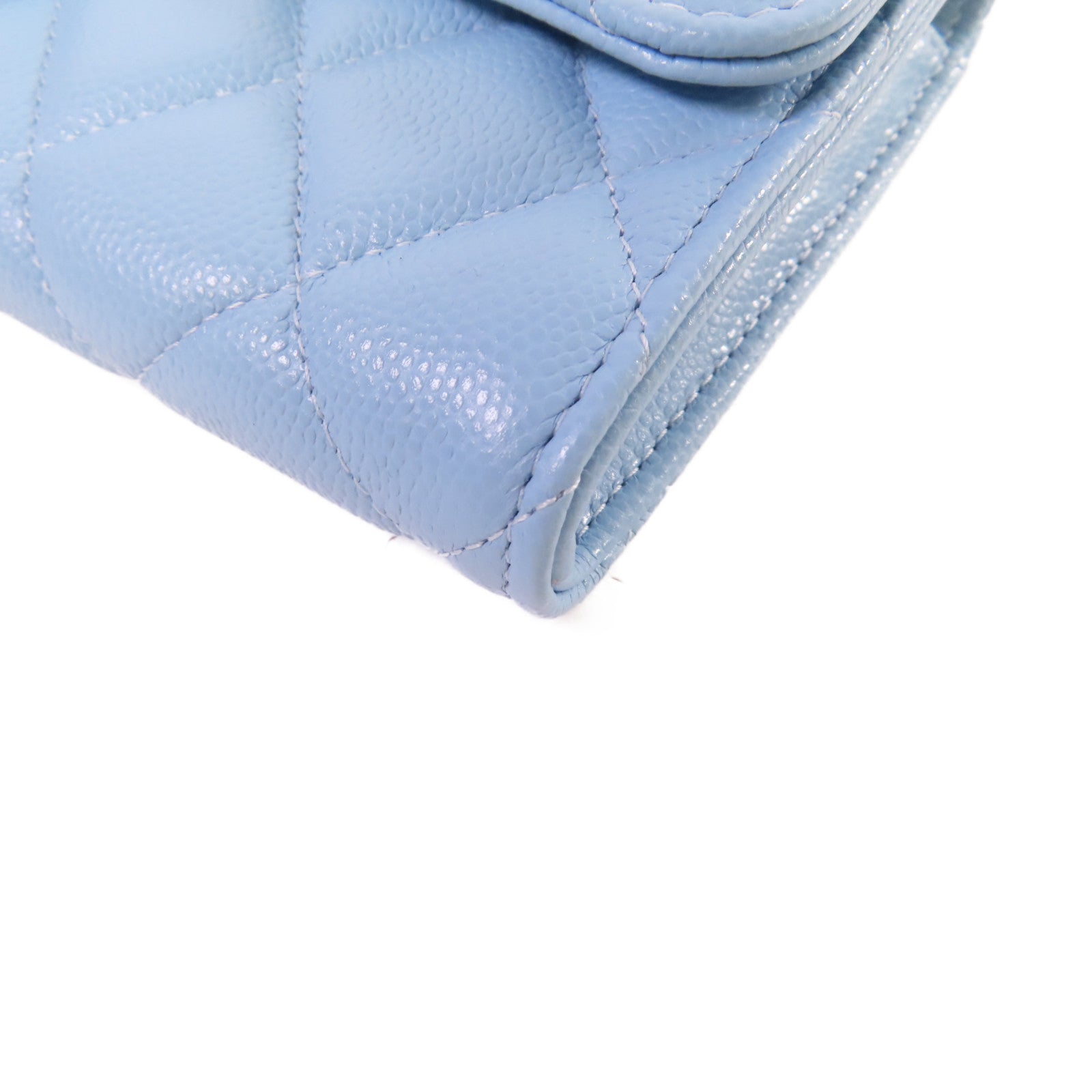 CHANEL 菱格Caviar皮革Classic Long Flap Wallet金扣長錢包淺藍色