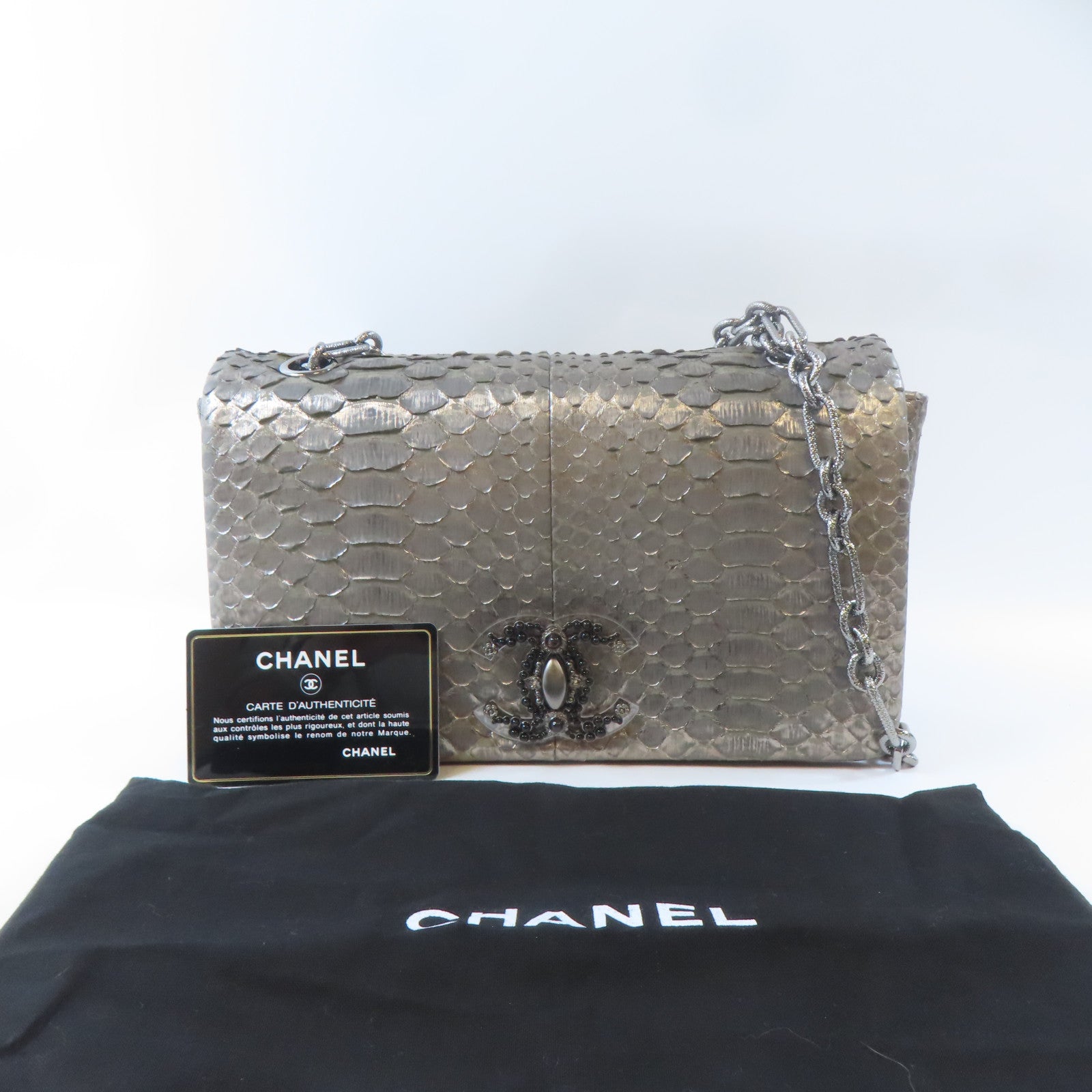 CHANEL 蛇皮皮革Chain Shoulder Bag銀扣鏈帶肩背袋銀色