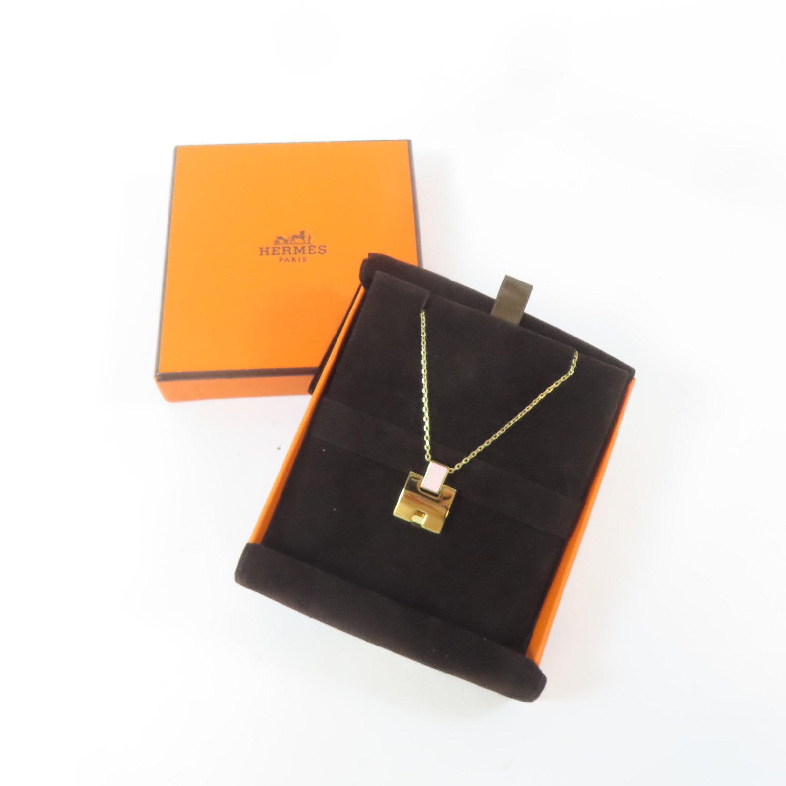 HERMES 金屬Irene Necklace金扣項鍊金色/粉紅色#48cm