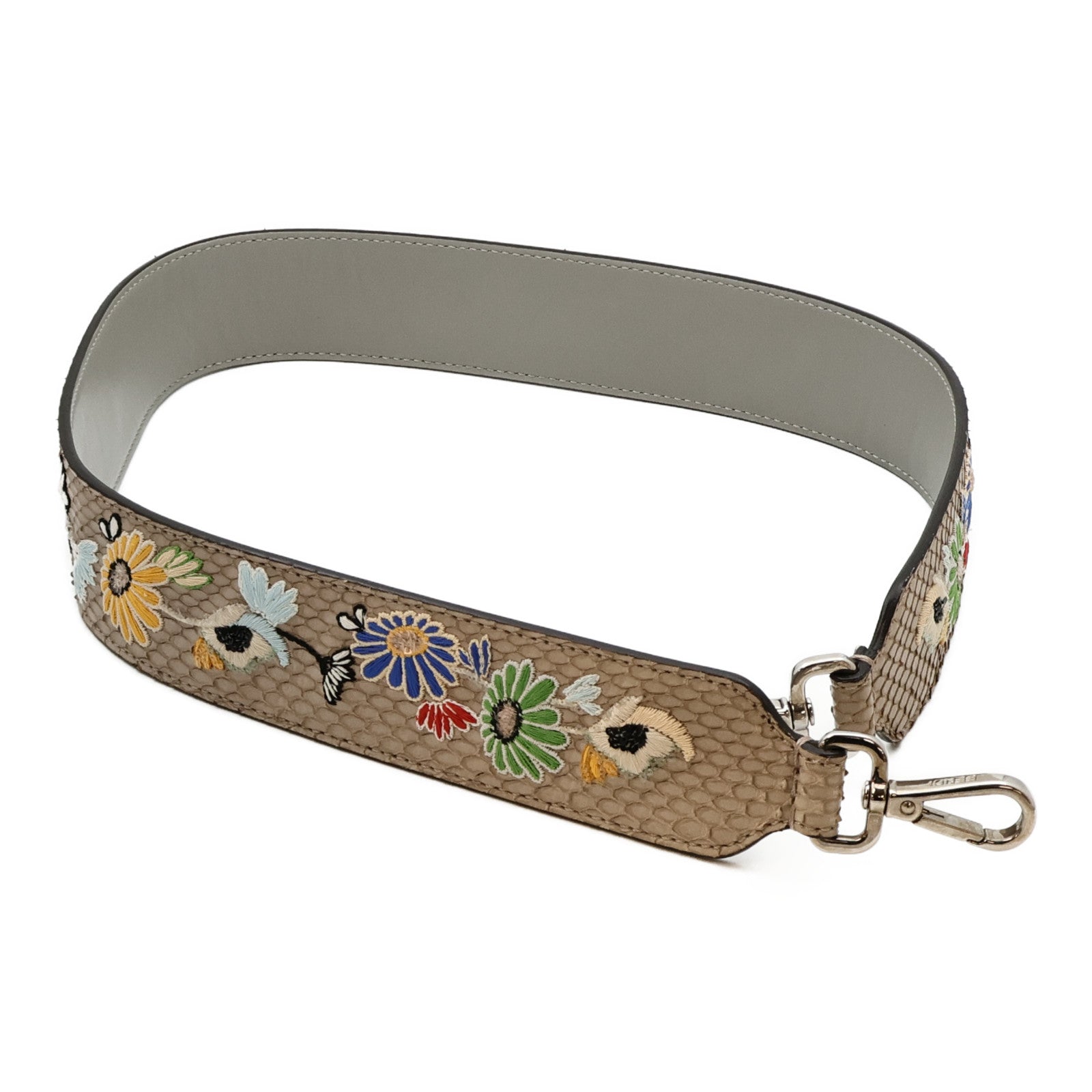 FENDI 蛇皮皮革Grey Python Floral Embroidered Strap銀扣肩帶