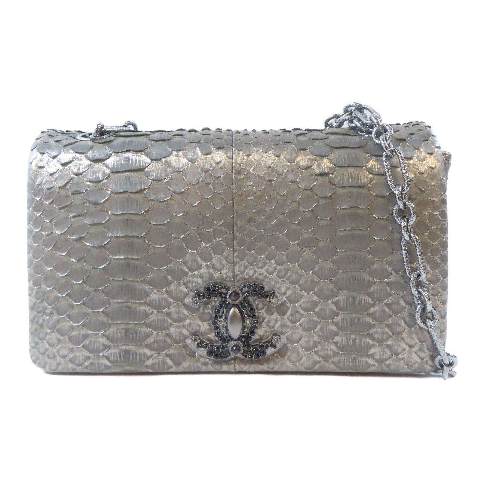 CHANEL 蛇皮皮革Chain Shoulder Bag銀扣鏈帶肩背袋銀色