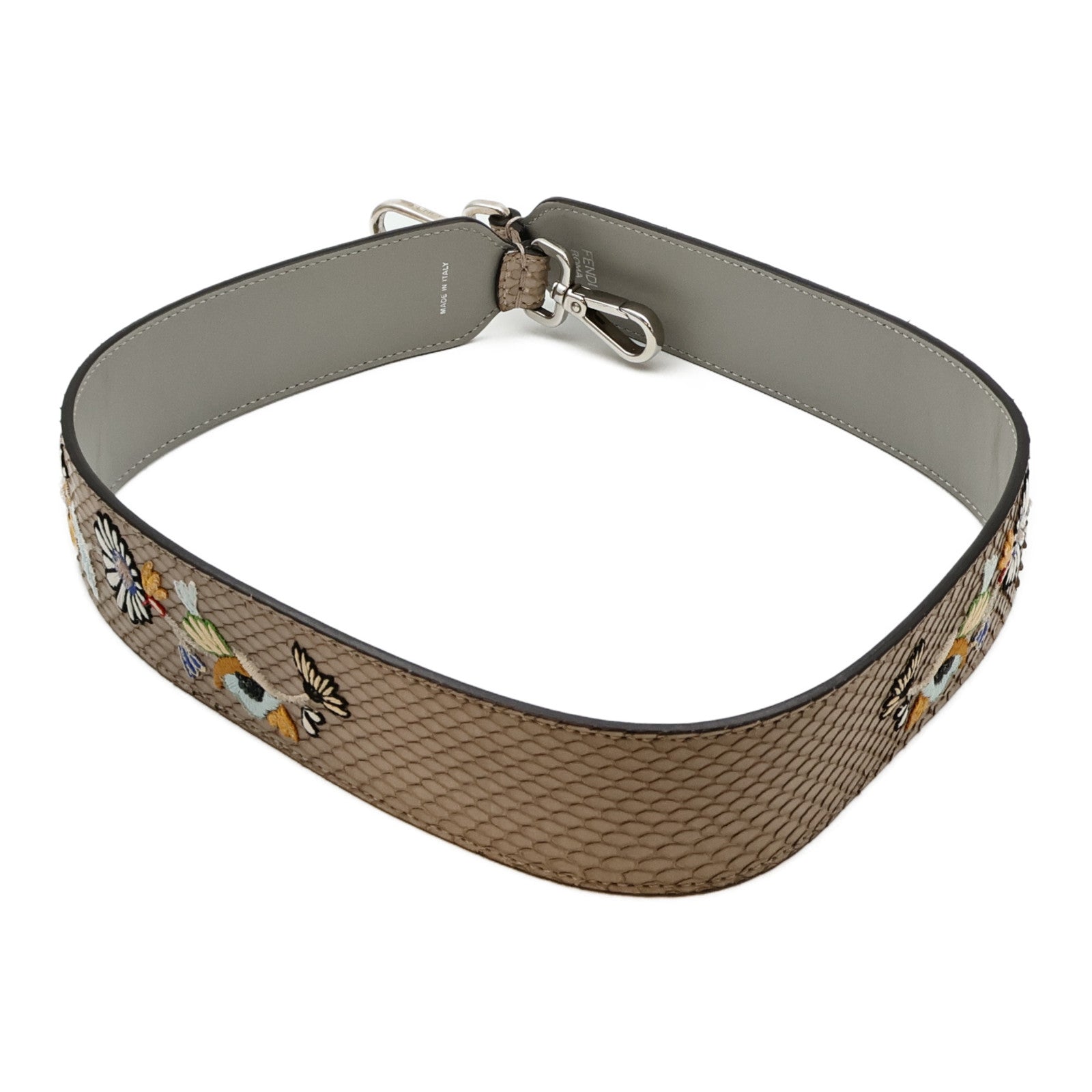 FENDI 【激減優惠】蛇皮皮革Grey Python Floral Embroidered Strap銀扣肩帶