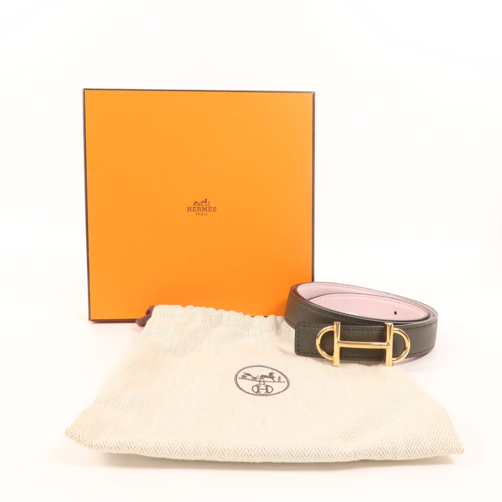 HERMES Swift/Espom皮革Gamma Belt金扣皮帶Vert De Gris