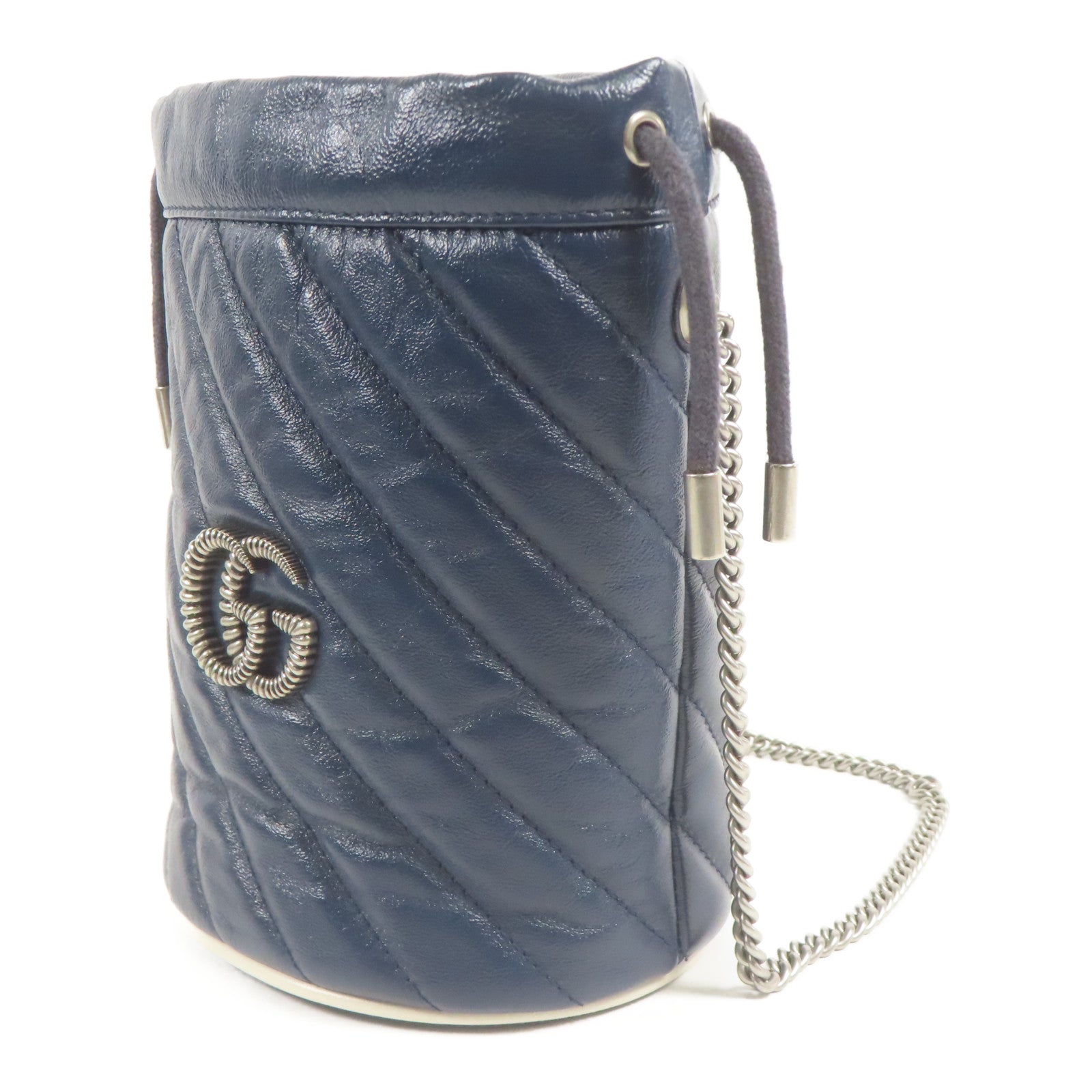 GUCCI 牛皮皮革GG Marmont Bucket銀扣鏈帶肩背袋
