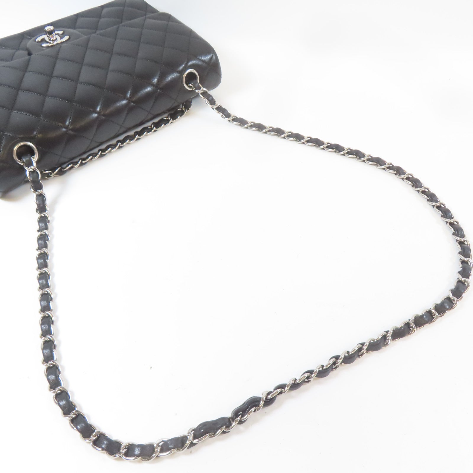 CHANEL 【激減優惠】菱格羊皮皮革Classic Flap 25cm銀扣鏈帶肩背袋黑色