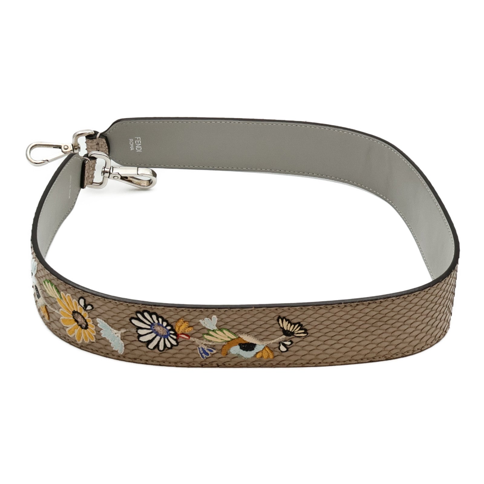 FENDI 蛇皮皮革Grey Python Floral Embroidered Strap銀扣肩帶
