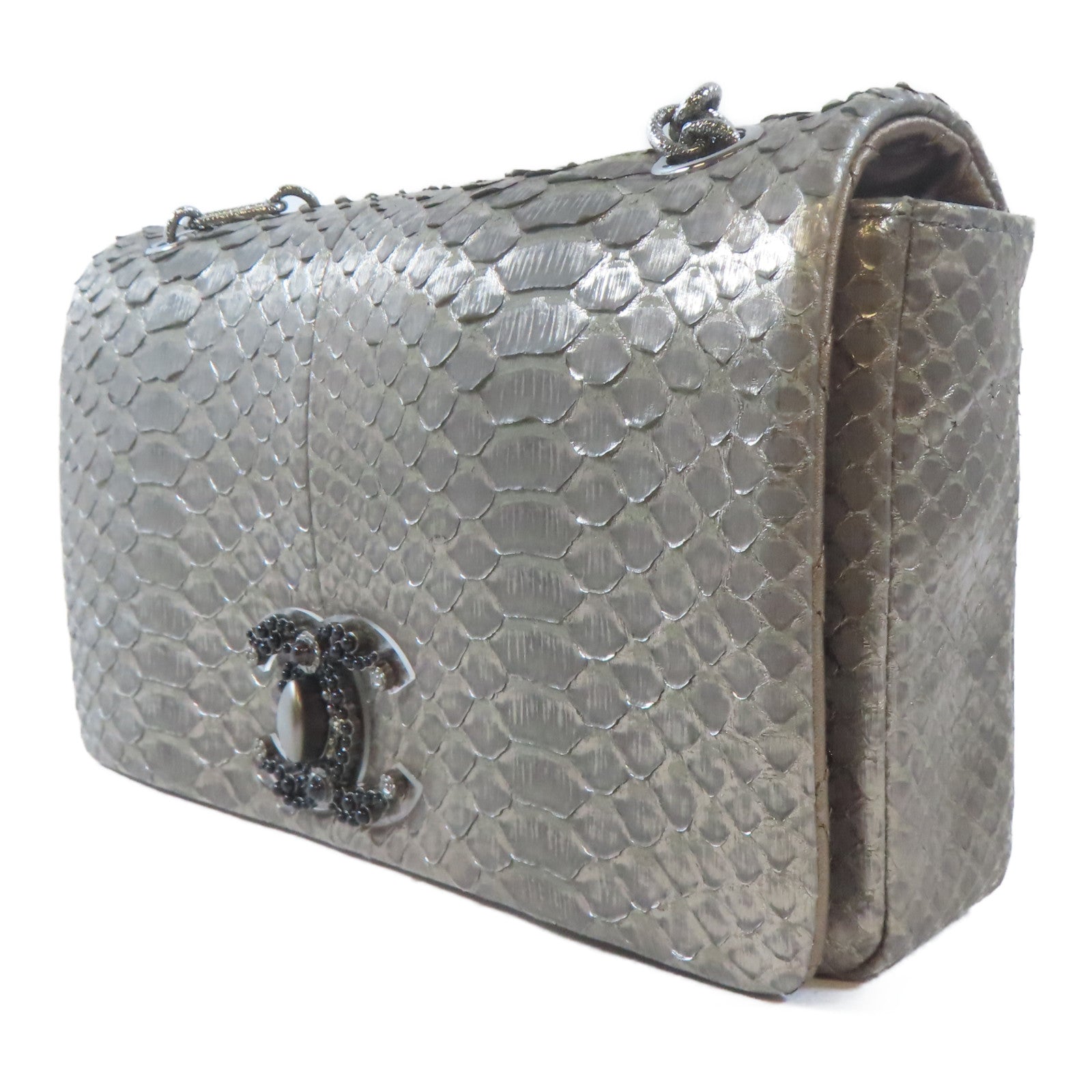 CHANEL 蛇皮皮革Chain Shoulder Bag銀扣鏈帶肩背袋銀色
