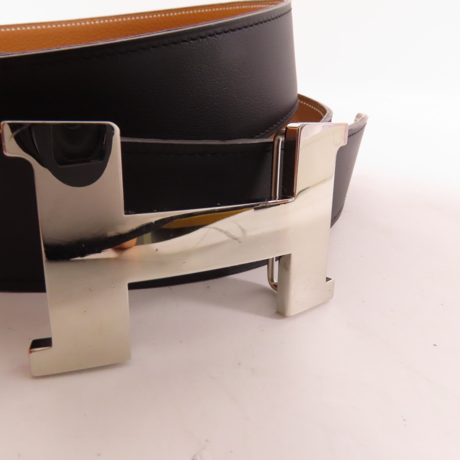 HERMES Clemence皮革H Belt 100cm銀扣皮帶Noir Gold