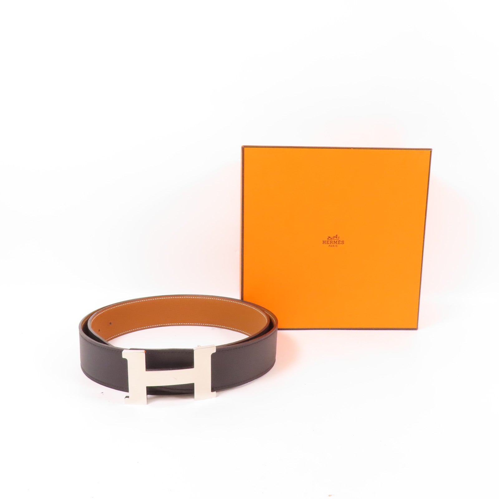 HERMES Clemence皮革H Belt 100cm銀扣皮帶Noir Gold