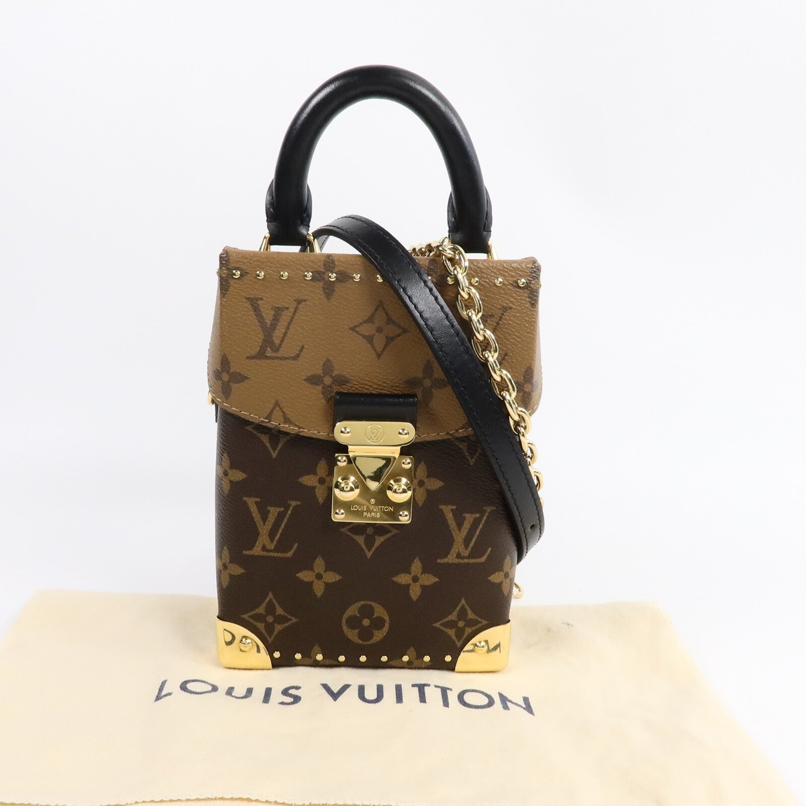 LOUIS VUITTON Monogram/Monogram Reverse Camera Box金扣鏈帶手挽肩背兩用袋