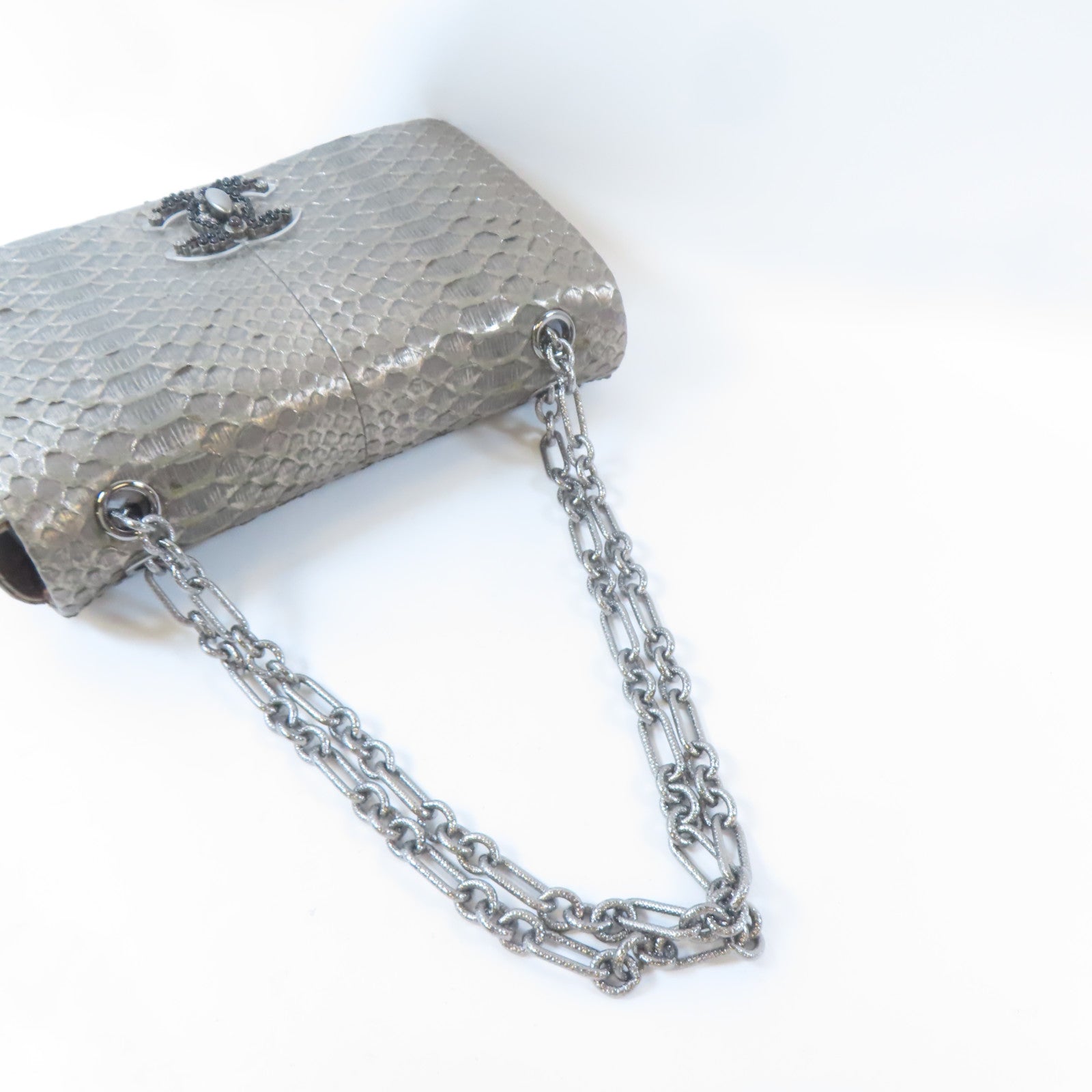 CHANEL 蛇皮皮革Chain Shoulder Bag銀扣鏈帶肩背袋銀色