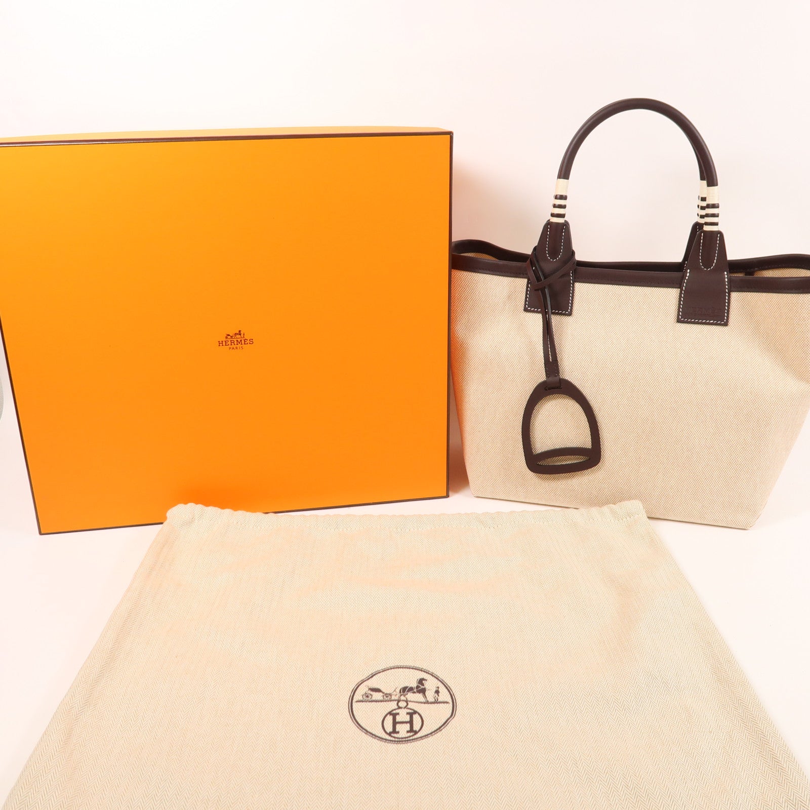 HERMES Toile H帆布/Swift皮革Steeple 25手挽袋Ecru/Rouge Sellier