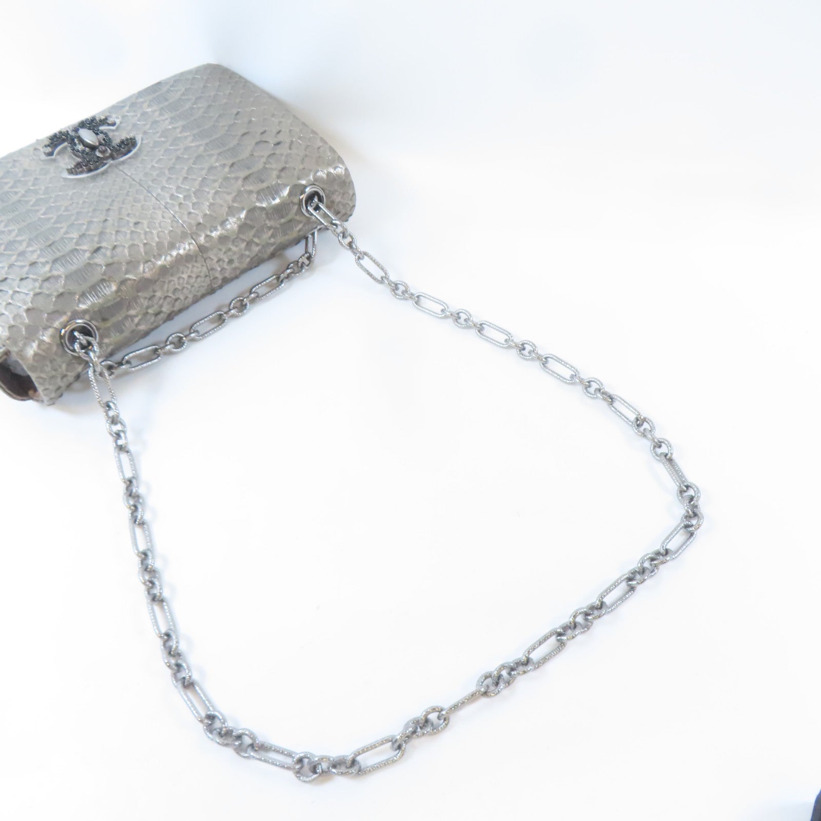 CHANEL 蛇皮皮革Chain Shoulder Bag銀扣鏈帶肩背袋銀色