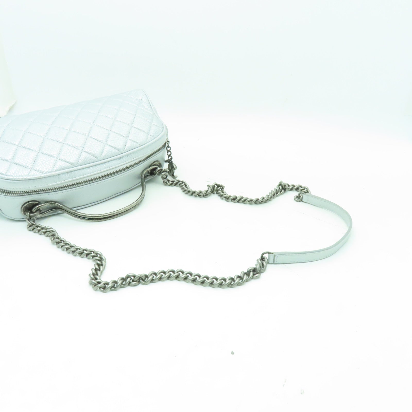 CHANEL 【清倉大減價】菱格牛皮皮革Chain Shoulder銀扣鏈帶肩背袋銀色