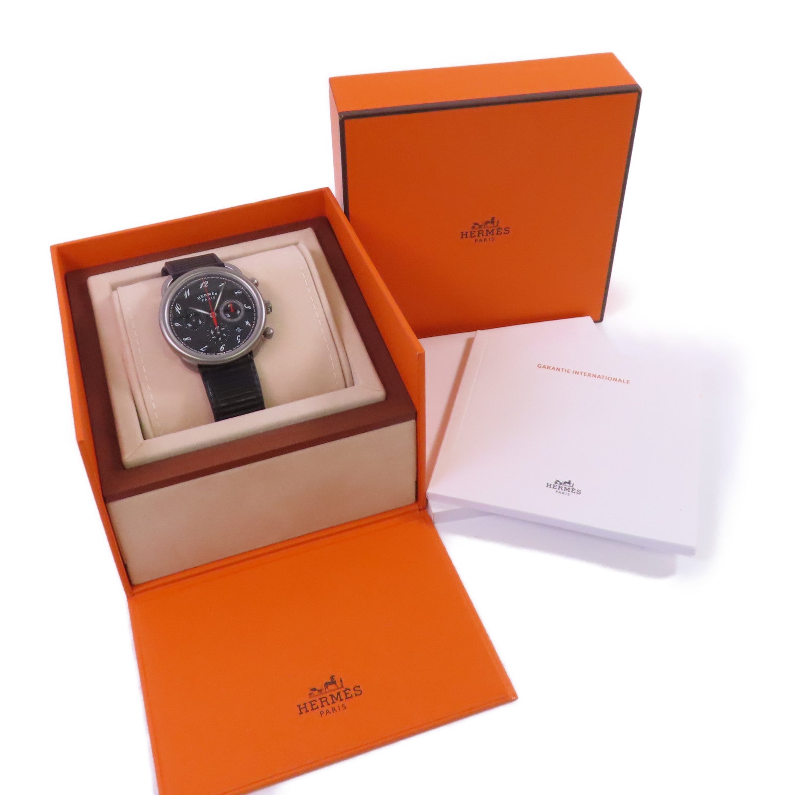 HERMES Arceau Chrono Titane Watch鈦金屬/皮帶自動機芯手錶黑色
