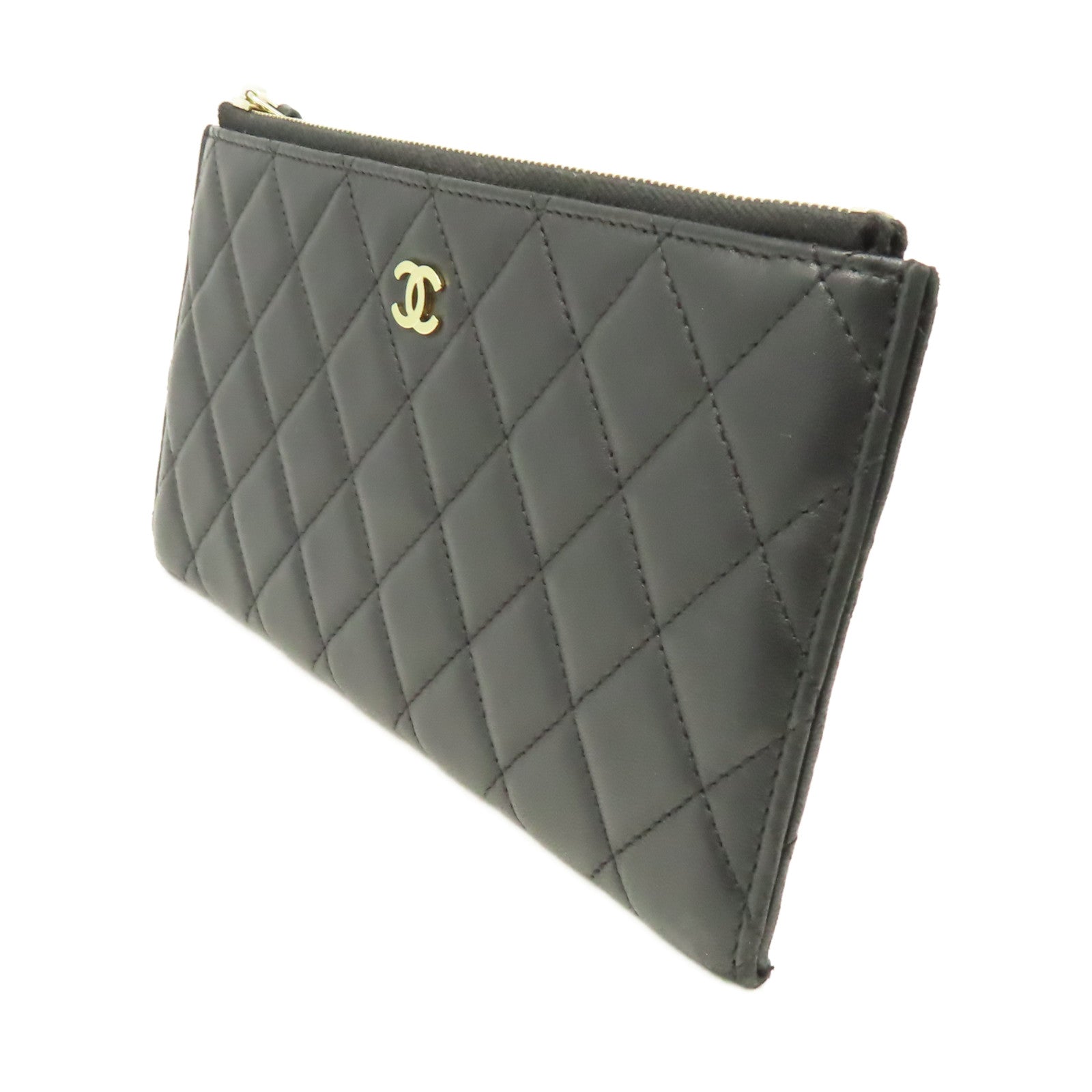 CHANEL 菱格羊皮批皮革Pouch Wallet金扣長錢包黑色