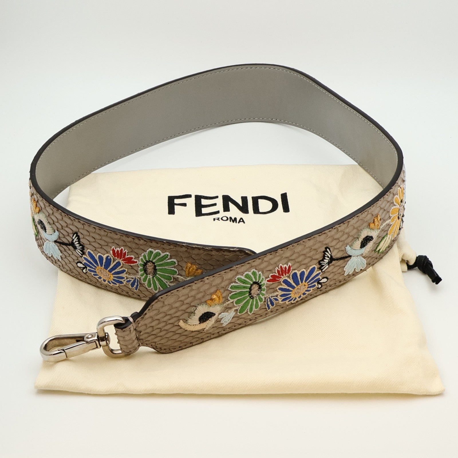FENDI 蛇皮皮革Grey Python Floral Embroidered Strap銀扣肩帶