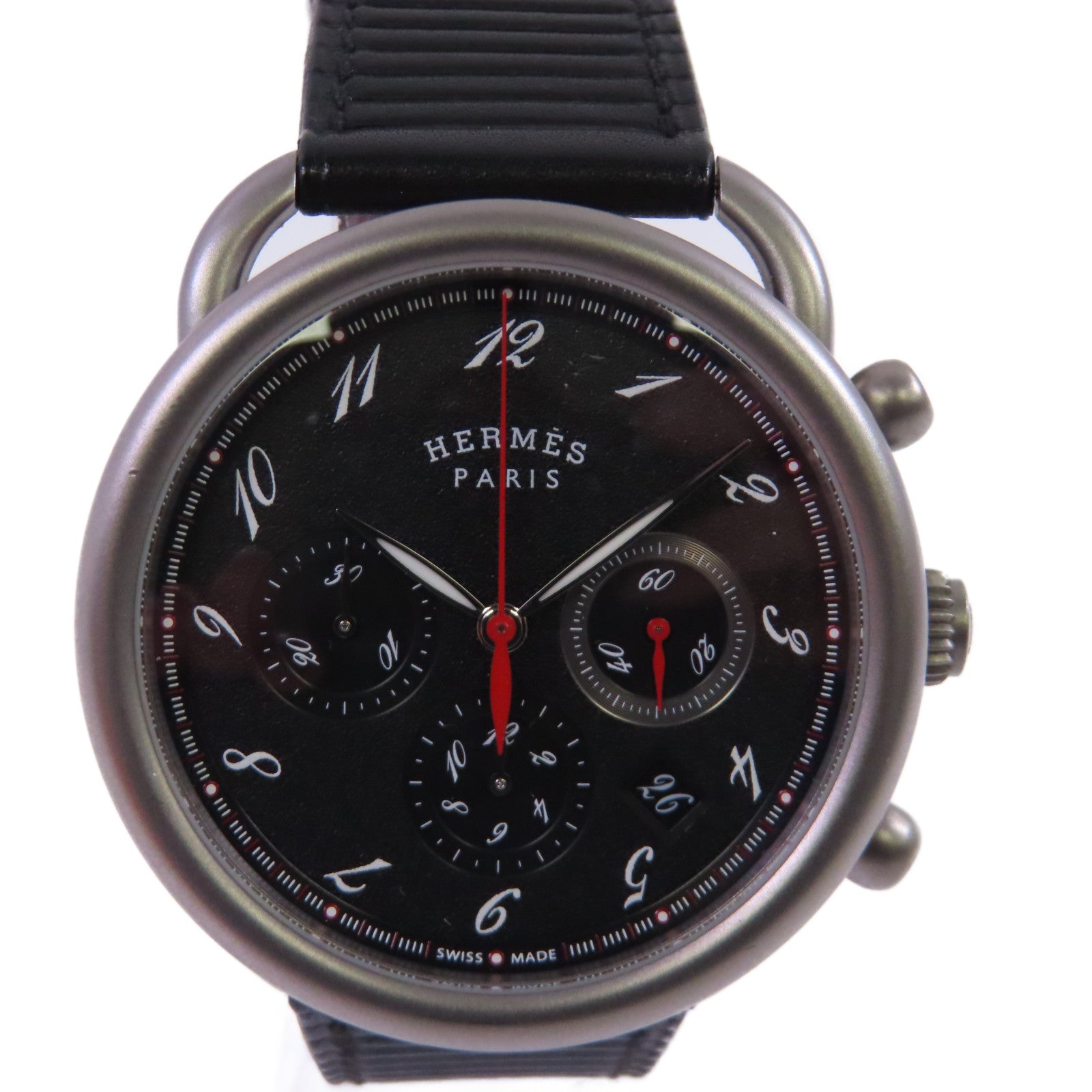 HERMES Arceau Chrono Titane Watch鈦金屬/皮帶自動機芯手錶黑色