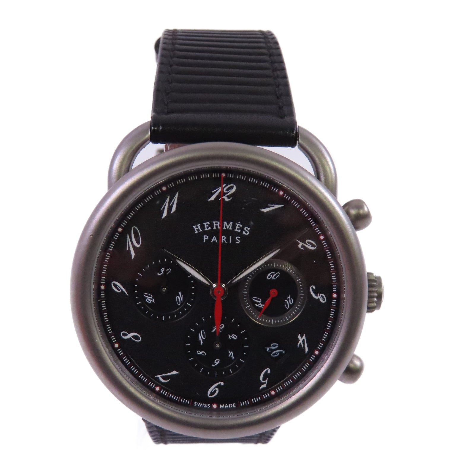 HERMES Arceau Chrono Titane Watch鈦金屬/皮帶自動機芯手錶黑色