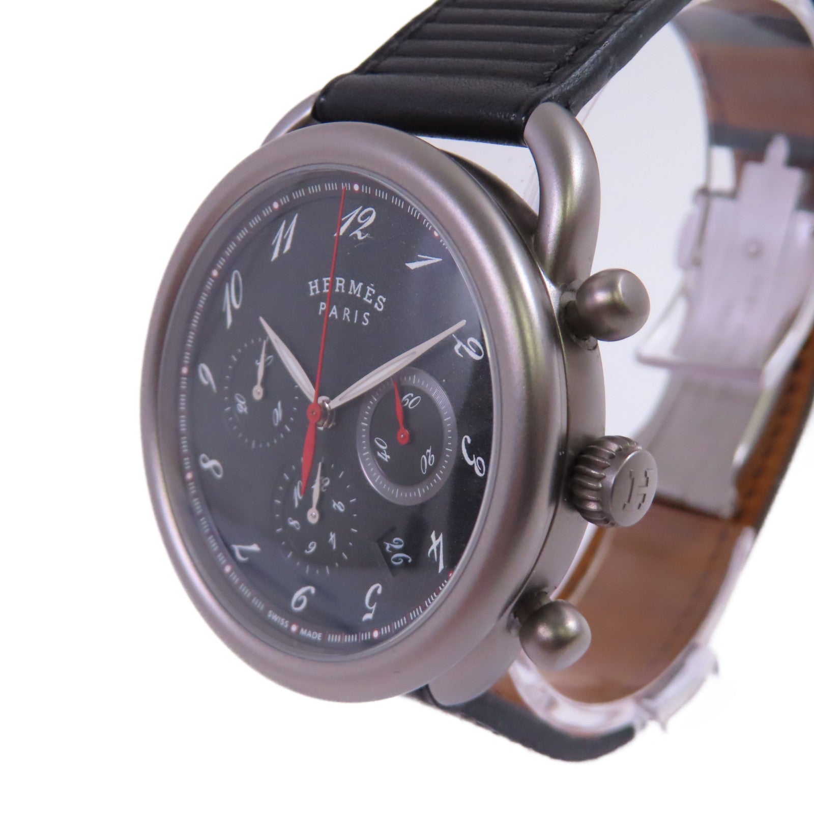 HERMES Arceau Chrono Titane Watch鈦金屬/皮帶自動機芯手錶黑色