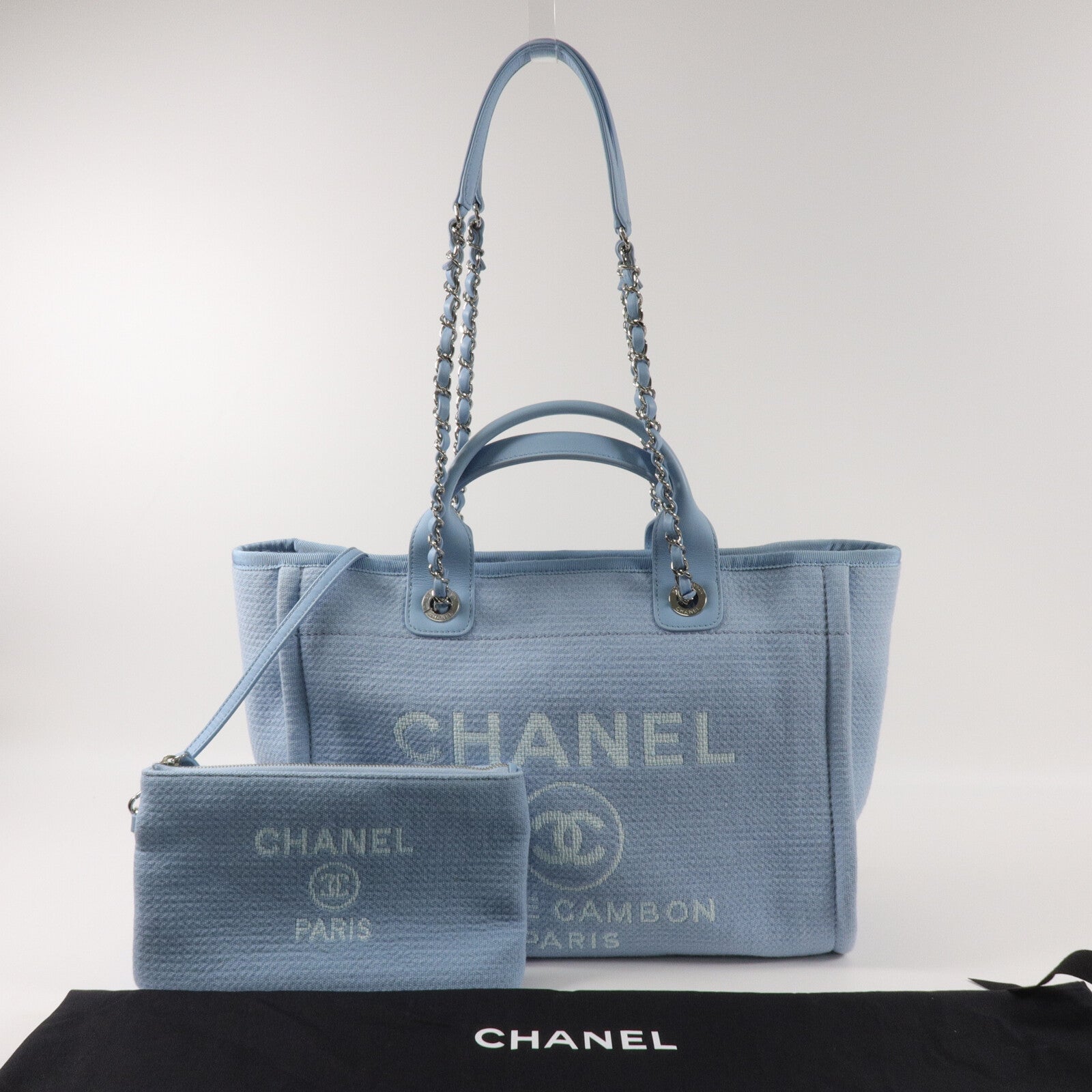 CHANEL 帆布Deauville Tote鏈帶手挽肩背兩用袋
