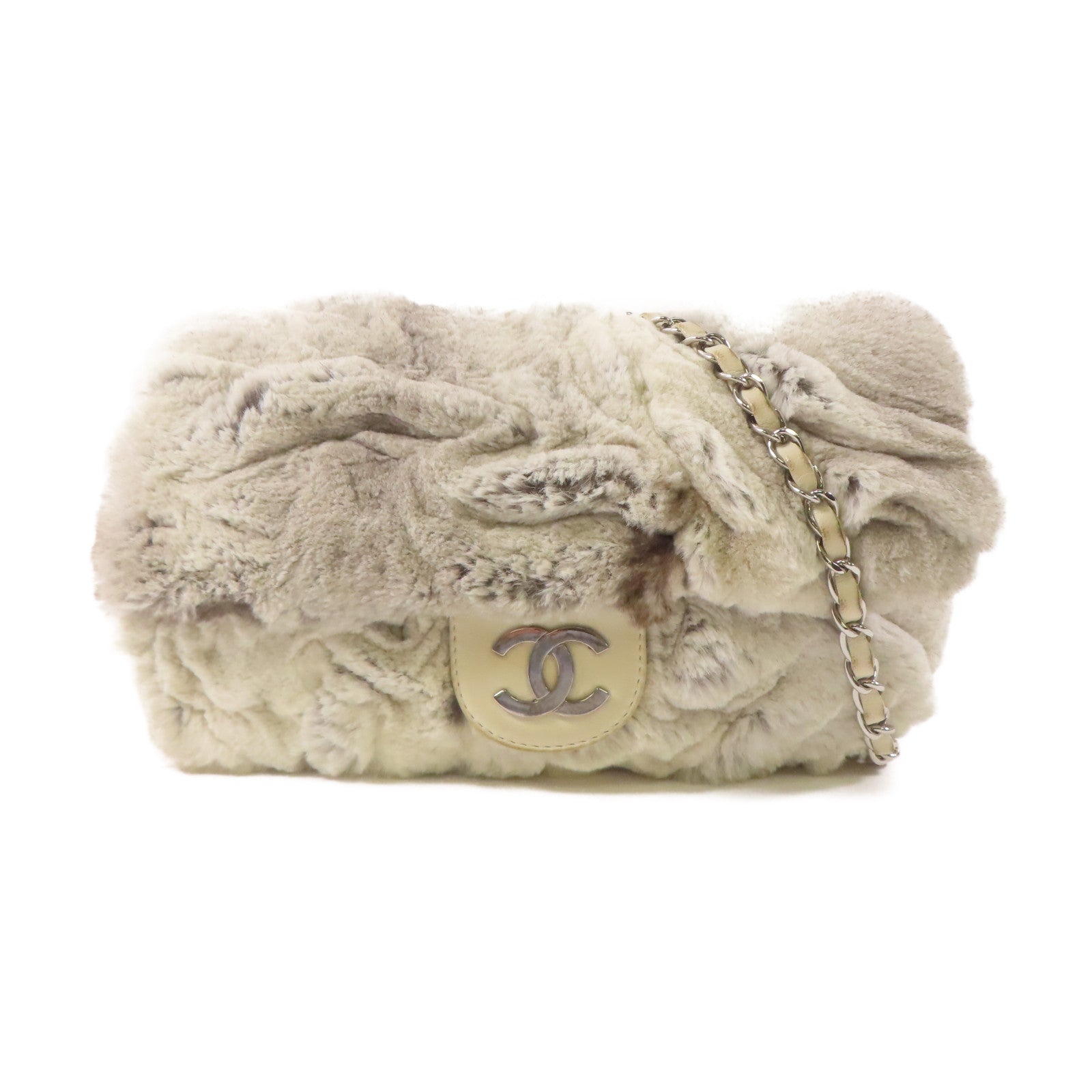 CHANEL 兔毛Chain Shoulder Bag銀扣鏈帶肩背袋白色/灰色