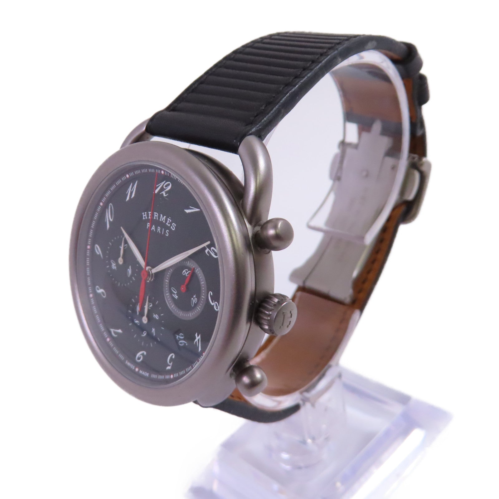 HERMES Arceau Chrono Titane Watch鈦金屬/皮帶自動機芯手錶黑色