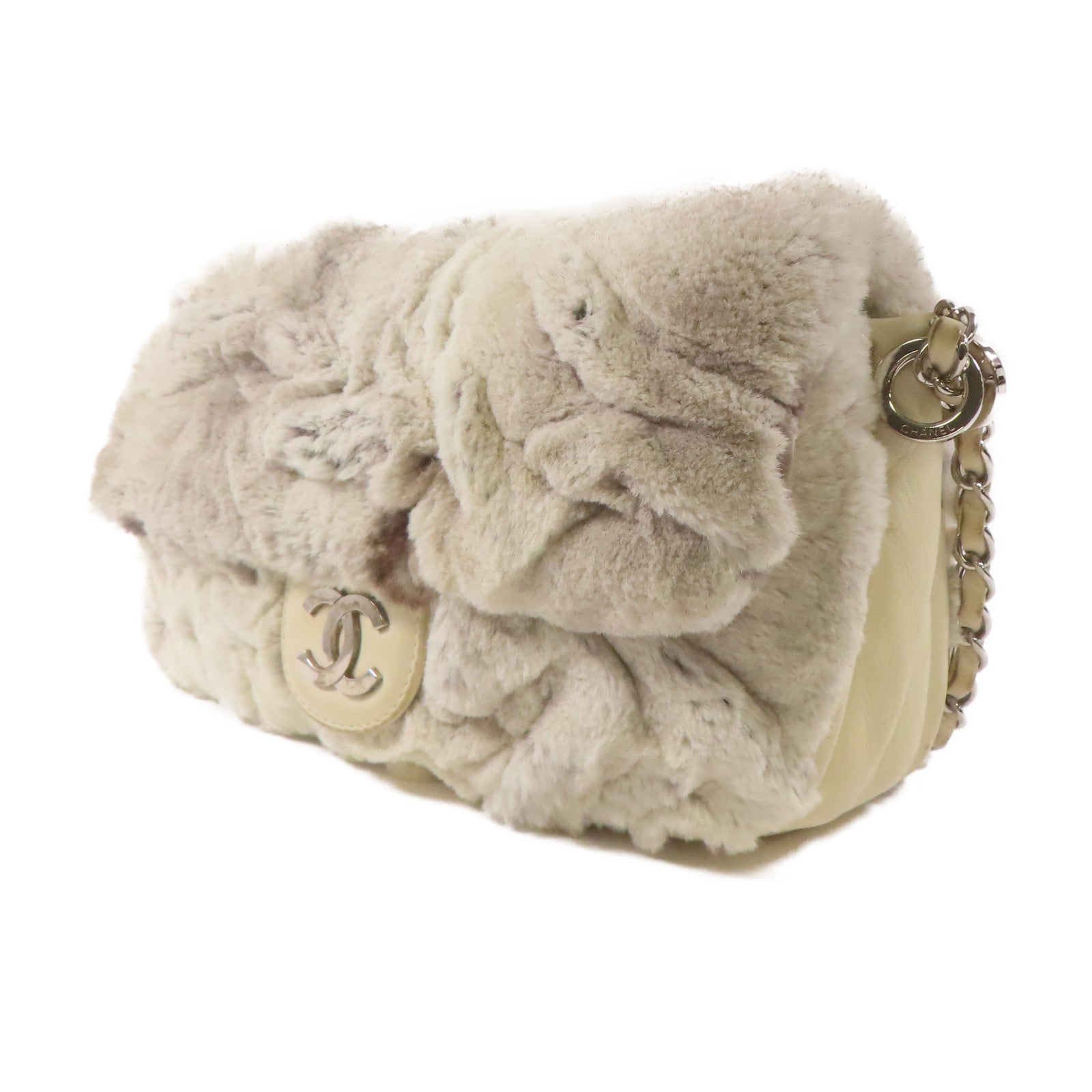 CHANEL 兔毛Chain Shoulder Bag銀扣鏈帶肩背袋白色/灰色