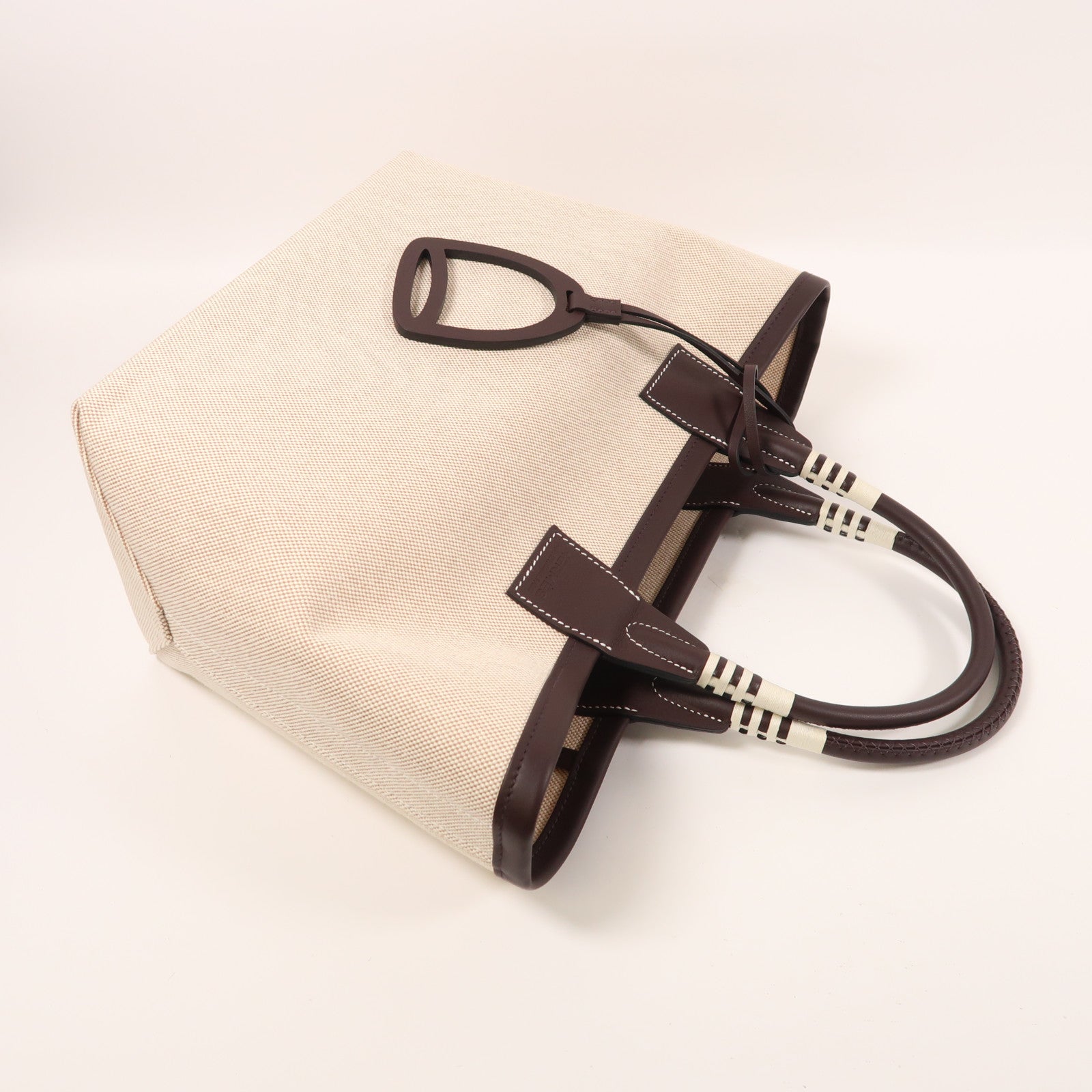 HERMES Toile H帆布/Swift皮革Steeple 25手挽袋Ecru/Rouge Sellier