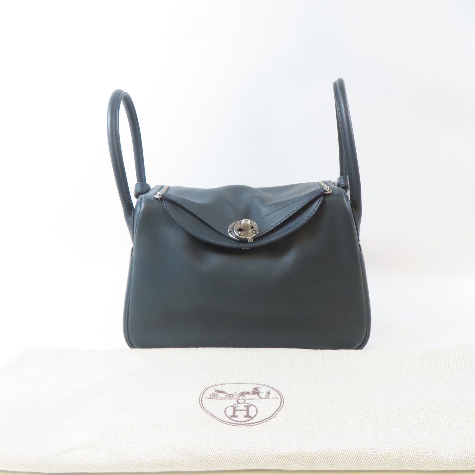 HERMES Swift皮革Lindy 26銀扣肩背袋Bleu Indigo/深綠色