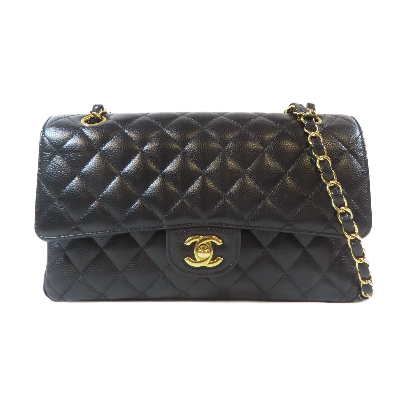 CHANEL 【激減優惠】菱格Caviar皮革Classic 25cm金扣鏈帶肩背袋黑色