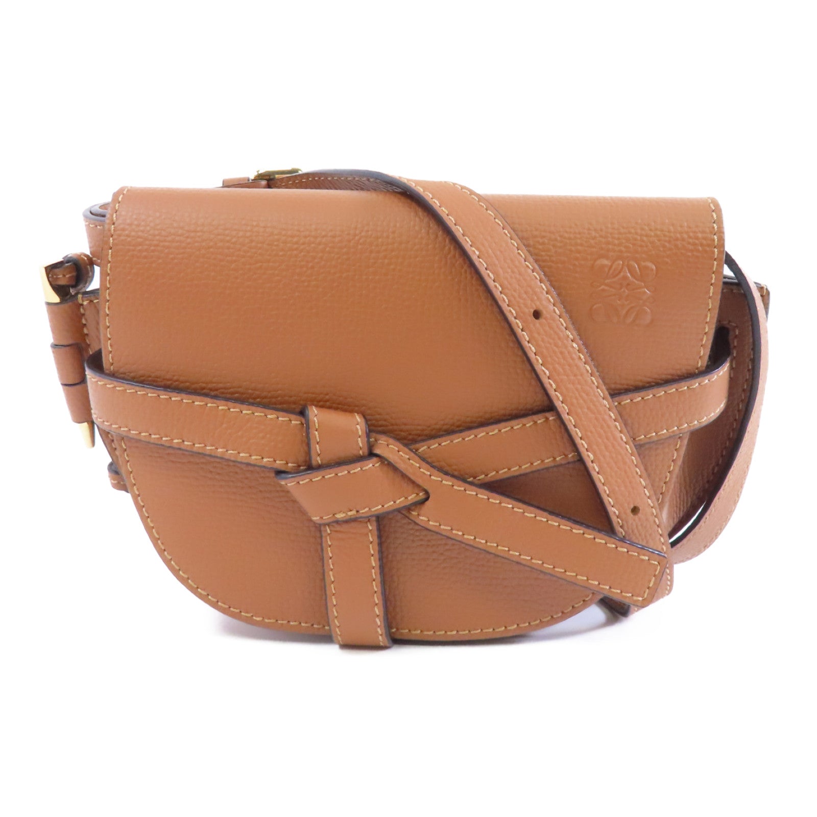 LOEWE 牛皮皮革Mini Gate金扣肩背袋棕色