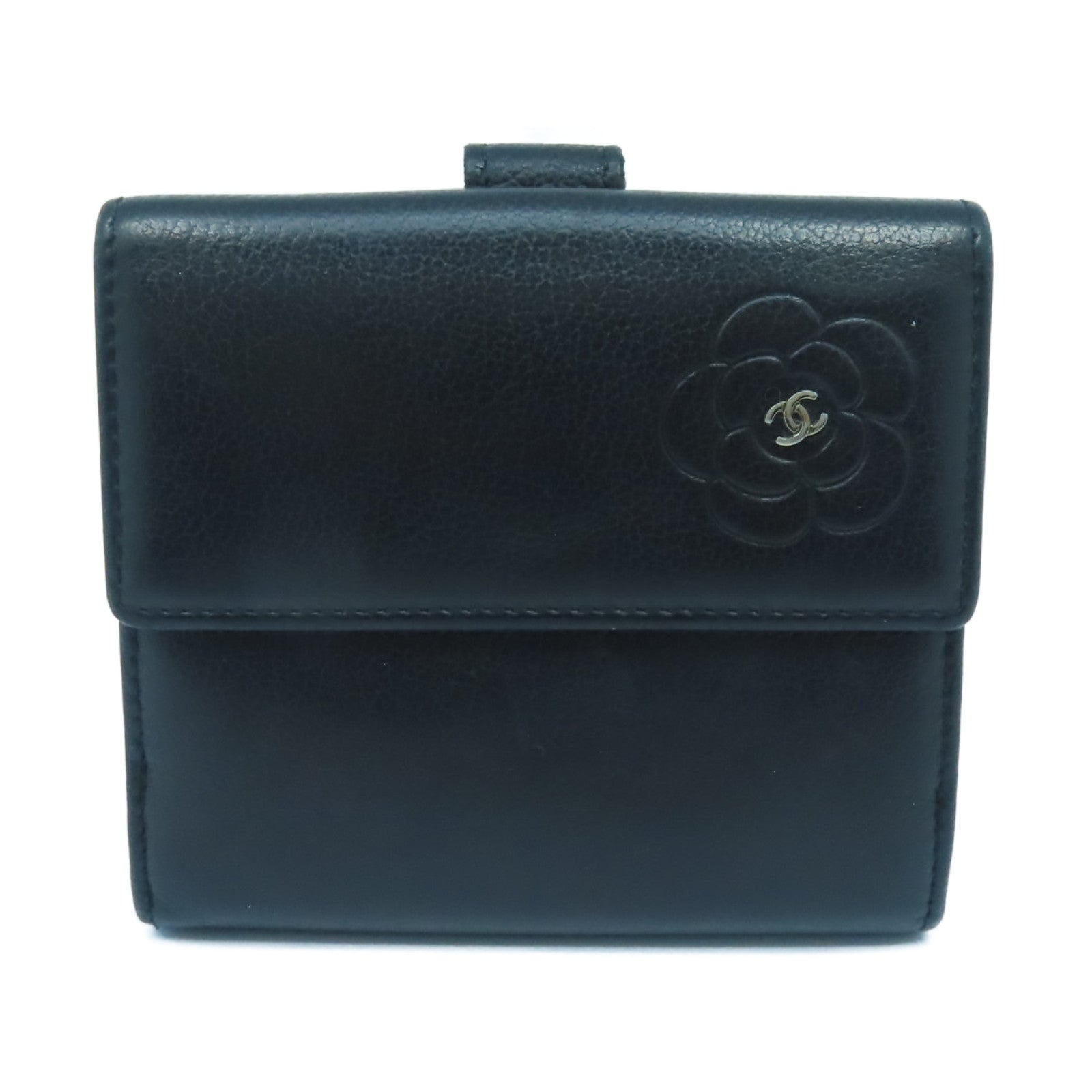 CHANEL 【清倉大減價】羊皮皮革Camellia Wallet銀扣錢包黑色