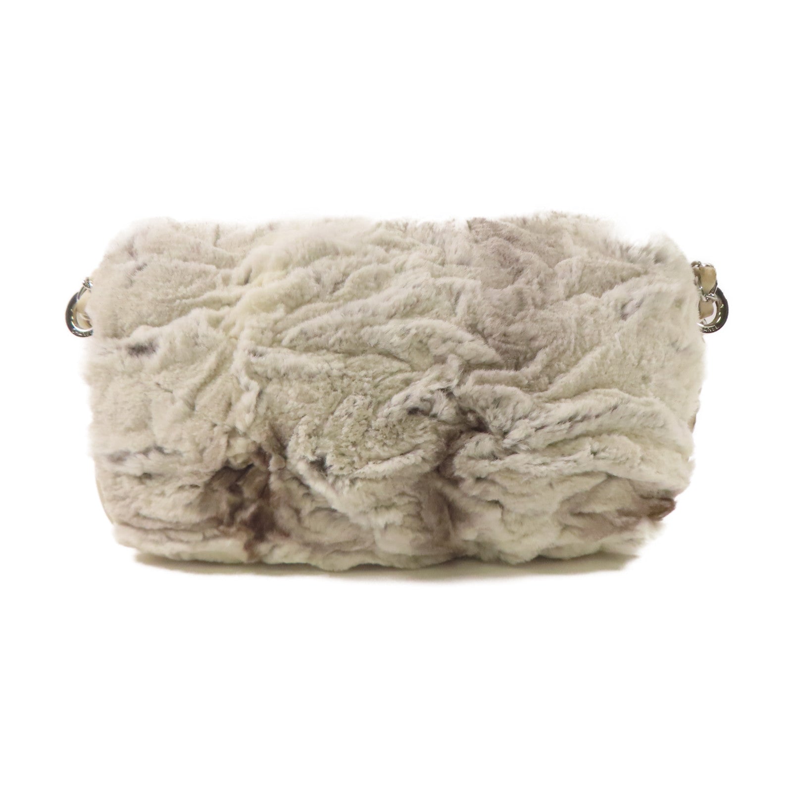 CHANEL 兔毛Chain Shoulder Bag銀扣鏈帶肩背袋白色/灰色