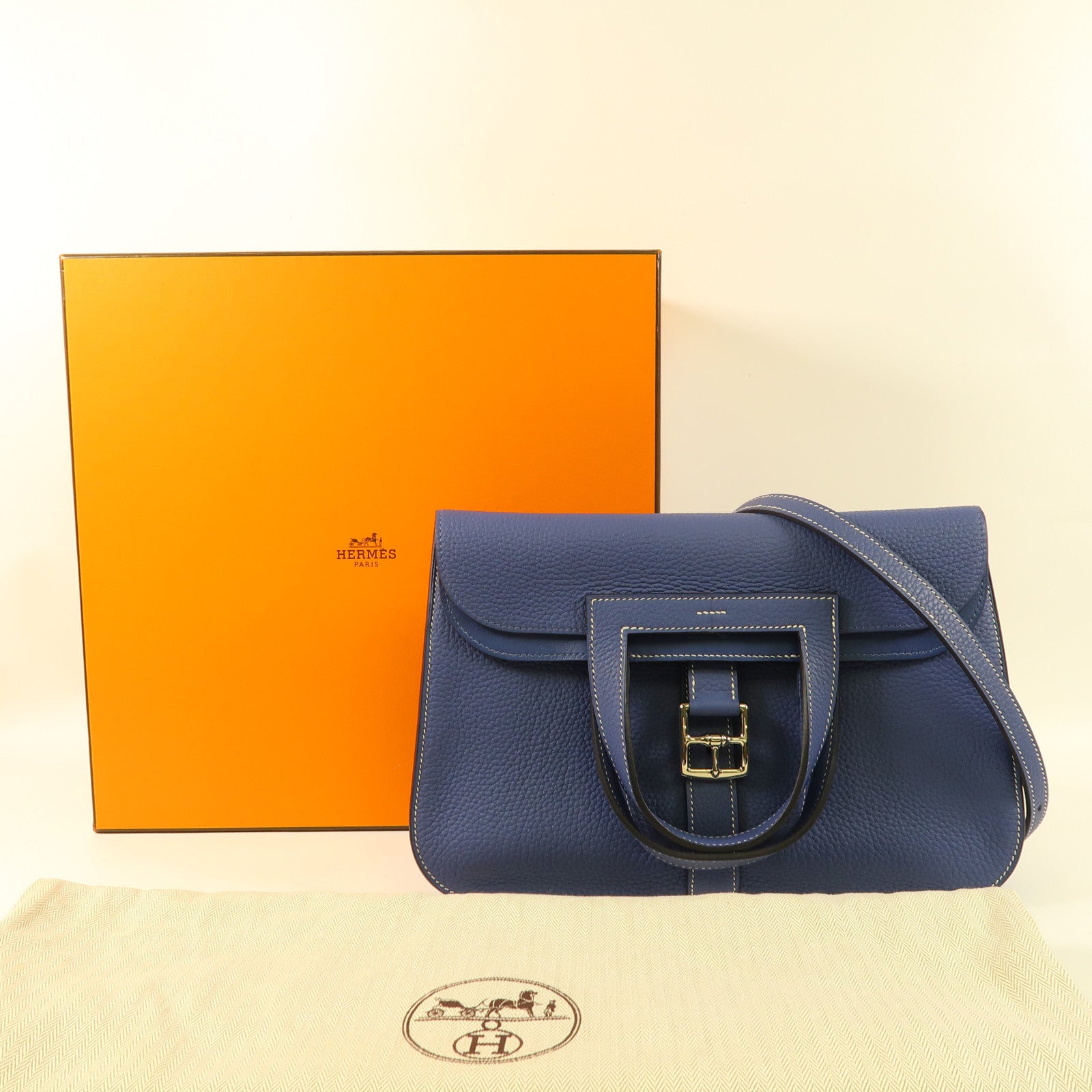 HERMES PHW Halzan 31 2 Way Shoulder Handbag Clemence Leather Bleu Brighton